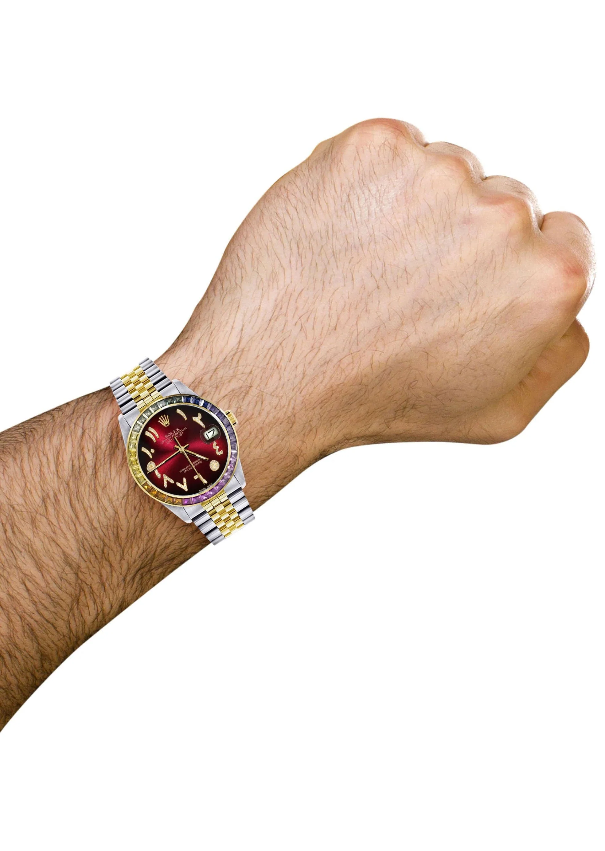 Diamond Gold Rolex Watch For Men 16233 | 36Mm | Rainbow Sapphire Bezel | Diamond Red Arabic Numeral Dial | Jubilee Band - Image 3