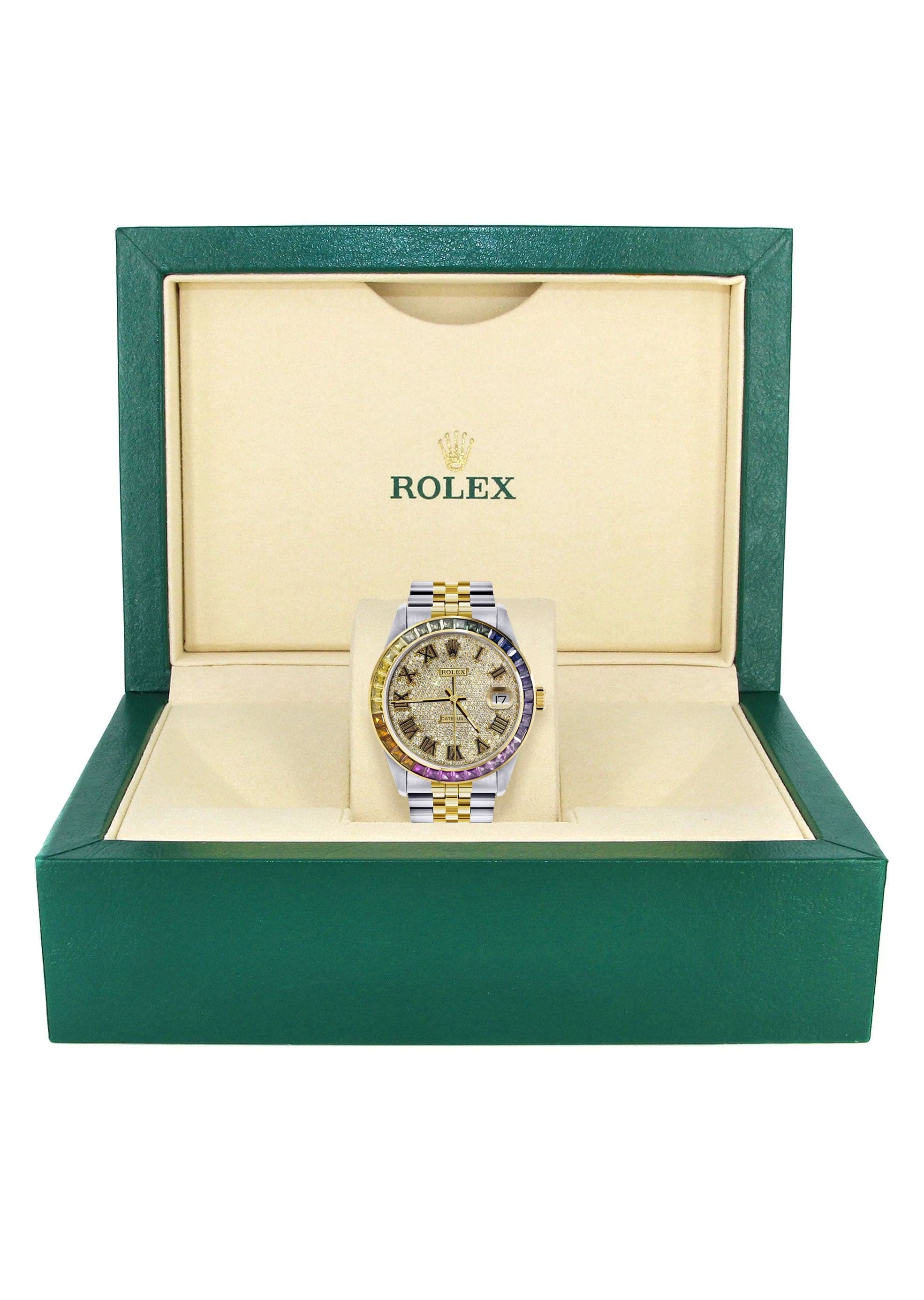 Diamond Gold Rolex Watch For Men 16233 | 36Mm | Rainbow Sapphire Bezel | Full Diamond Roman Numeral | Jubilee Band - Image 4