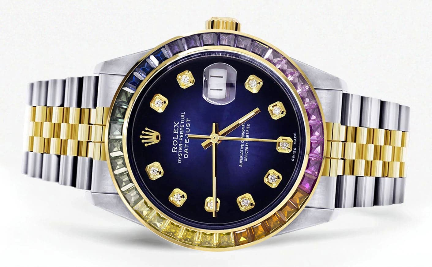 Diamond Gold Rolex Watch For Men 16233 | 36Mm | Rainbow Sapphire Bezel | Blue Black Dial | Jubilee Band - Image 2