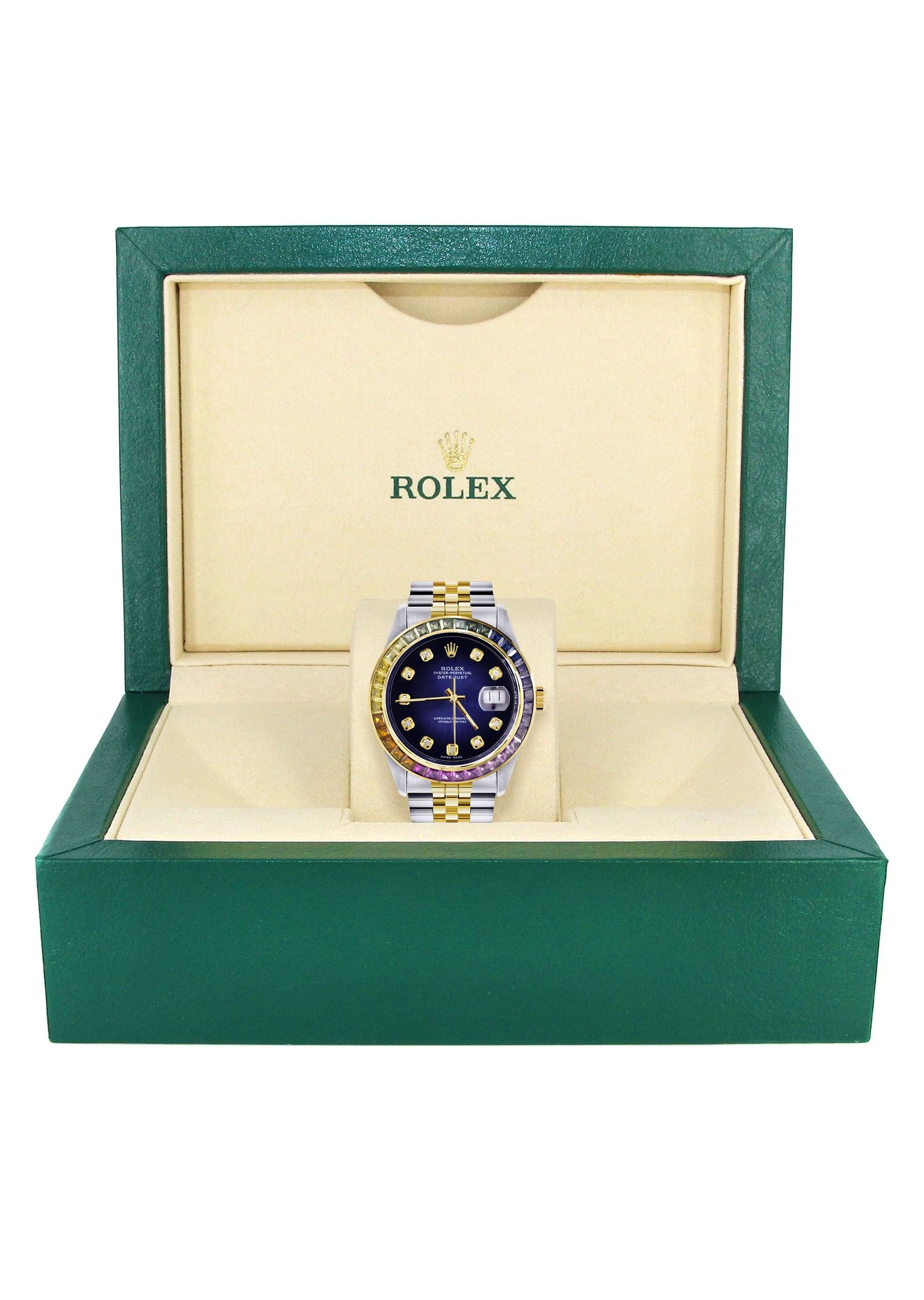 Diamond Gold Rolex Watch For Men 16233 | 36Mm | Rainbow Sapphire Bezel | Blue Black Dial | Jubilee Band - Image 4