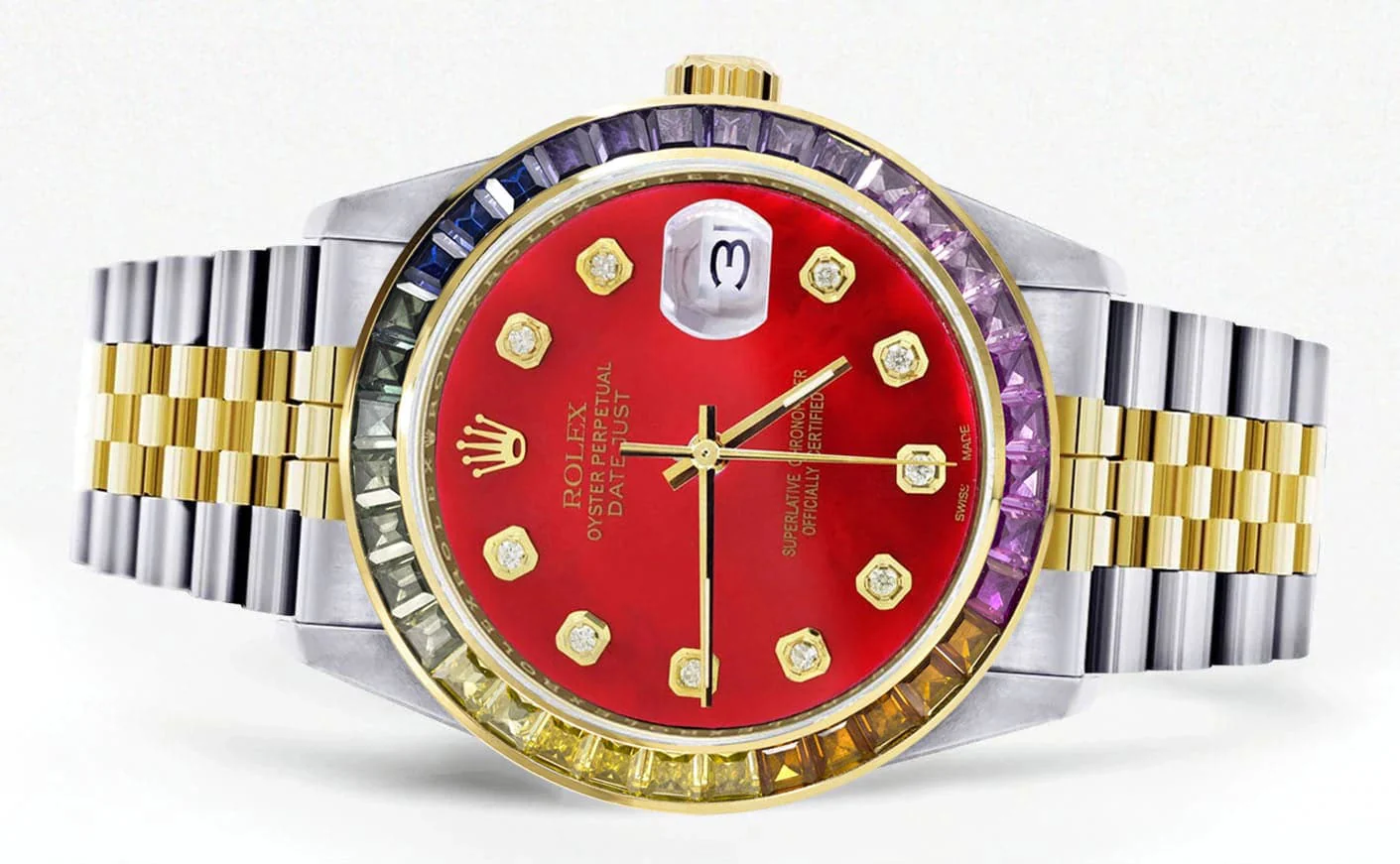 Diamond Gold Rolex Watch For Men 16233 | 36Mm | Rainbow Sapphire Bezel | Red Dial | Jubilee Band - Image 2