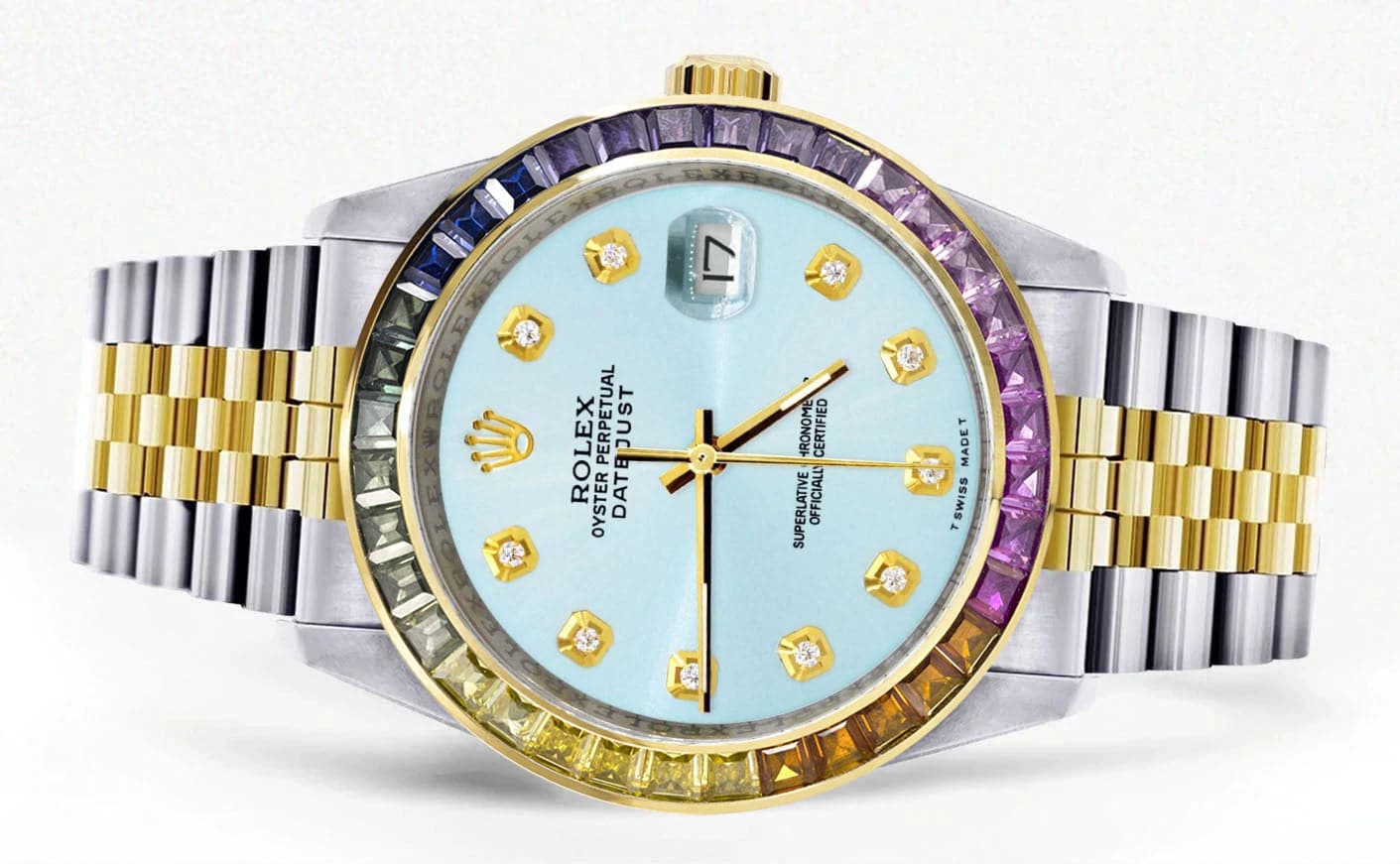 Diamond Gold Rolex Watch For Men 16233 | 36Mm | Rainbow Sapphire Bezel | Light Blue Dial | Jubilee Band - Image 2