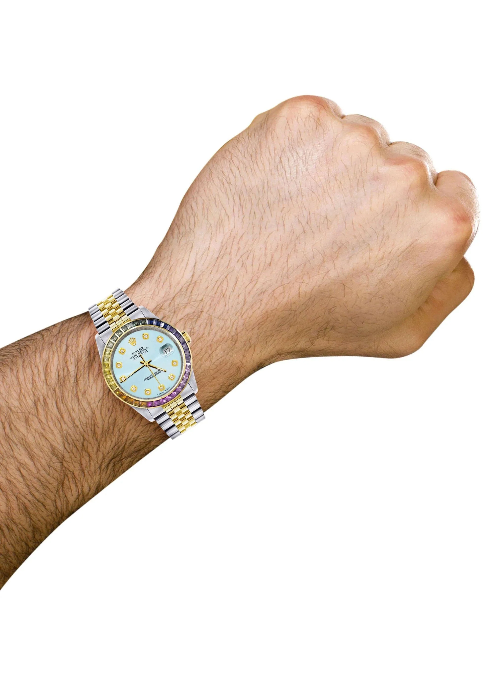 Diamond Gold Rolex Watch For Men 16233 | 36Mm | Rainbow Sapphire Bezel | Light Blue Dial | Jubilee Band - Image 3