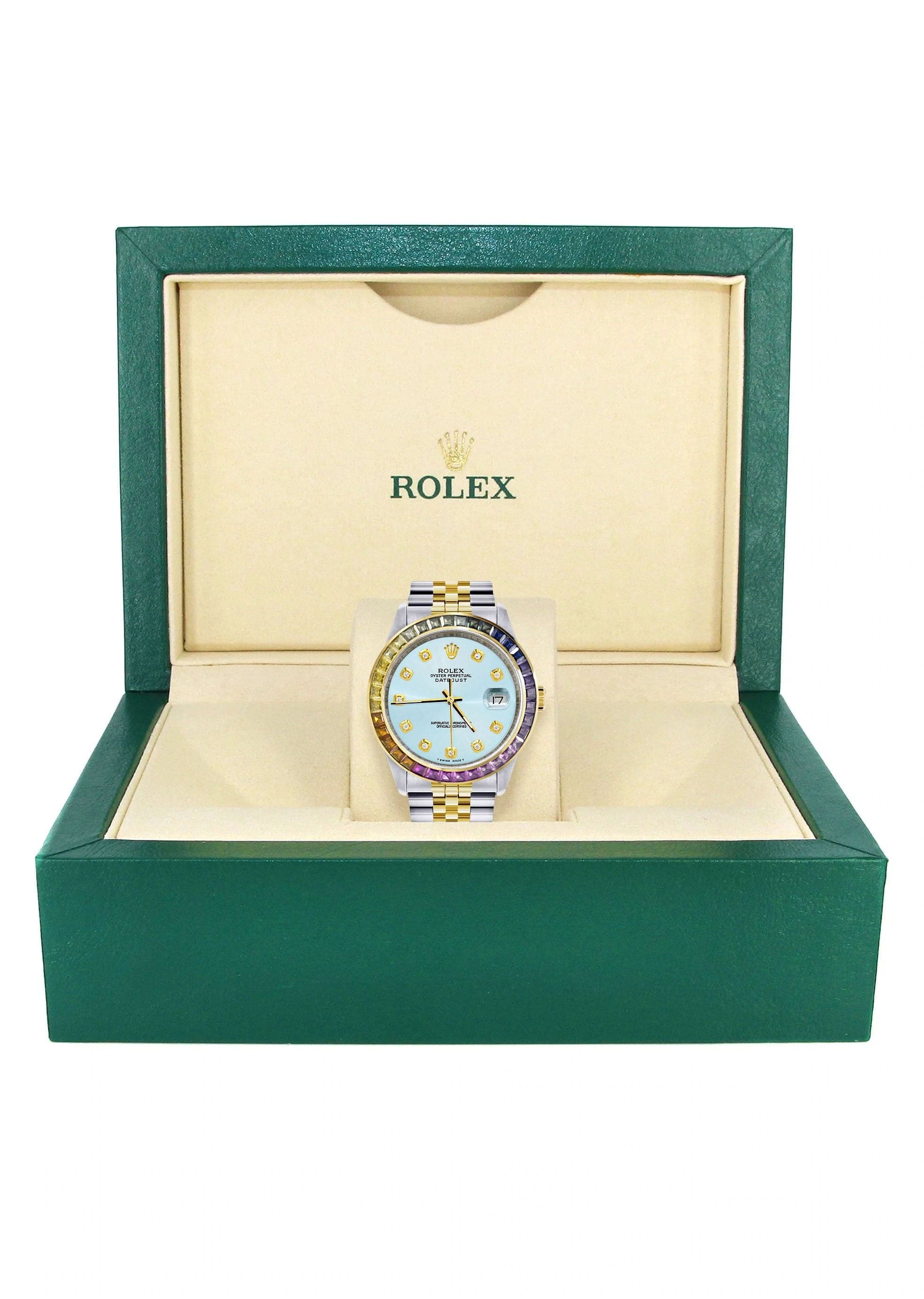 Diamond Gold Rolex Watch For Men 16233 | 36Mm | Rainbow Sapphire Bezel | Light Blue Dial | Jubilee Band - Image 4