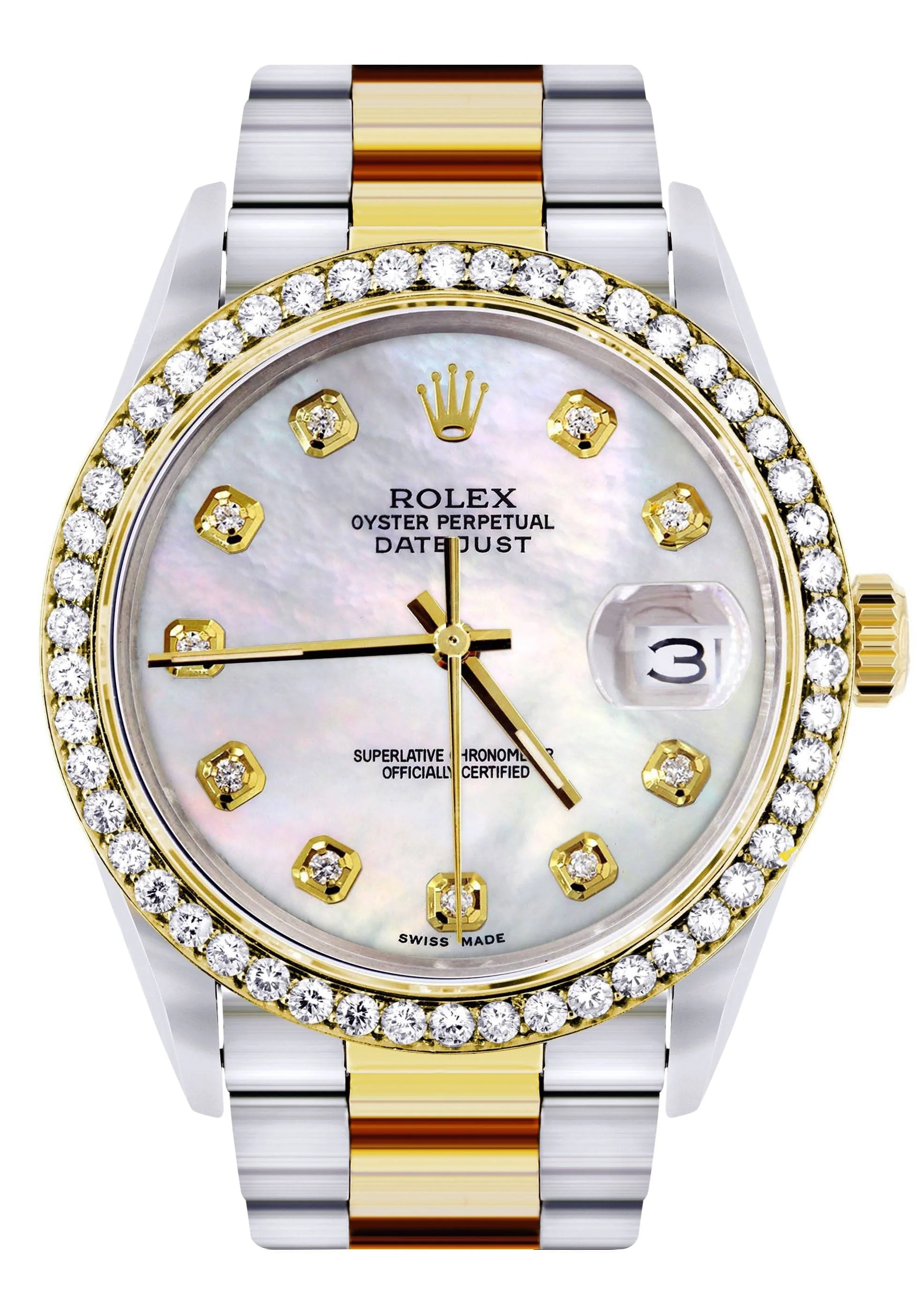 Diamond Gold Rolex Watch For Men 16233 | 36Mm | White Mother Of Pearl | Oyster Band