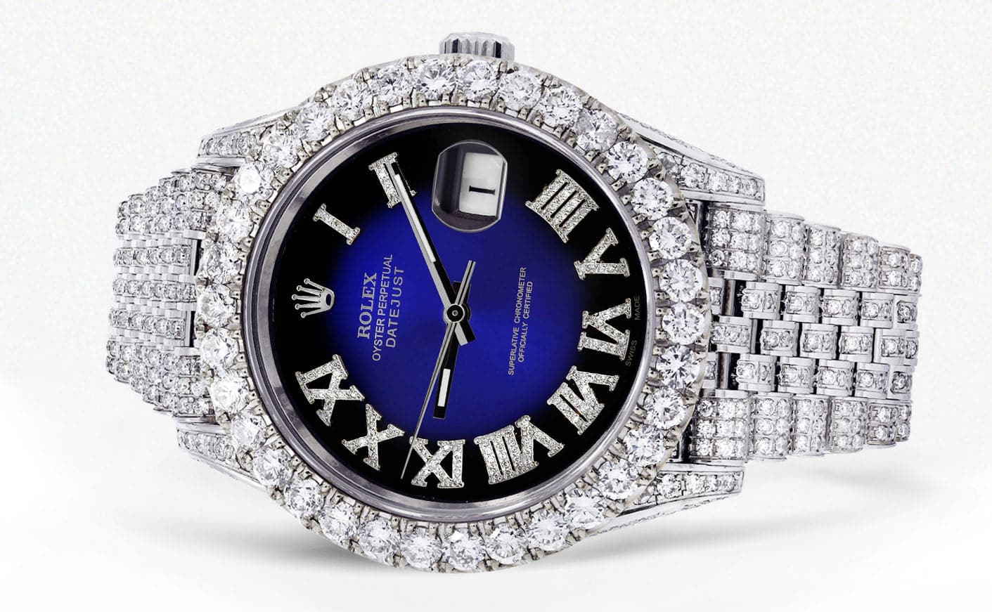Diamond Iced Out Rolex Datejust 41 | 25 Carats Of Diamonds | Custom Blue Roman Diamond Dial | Jubilee Band - Image 2