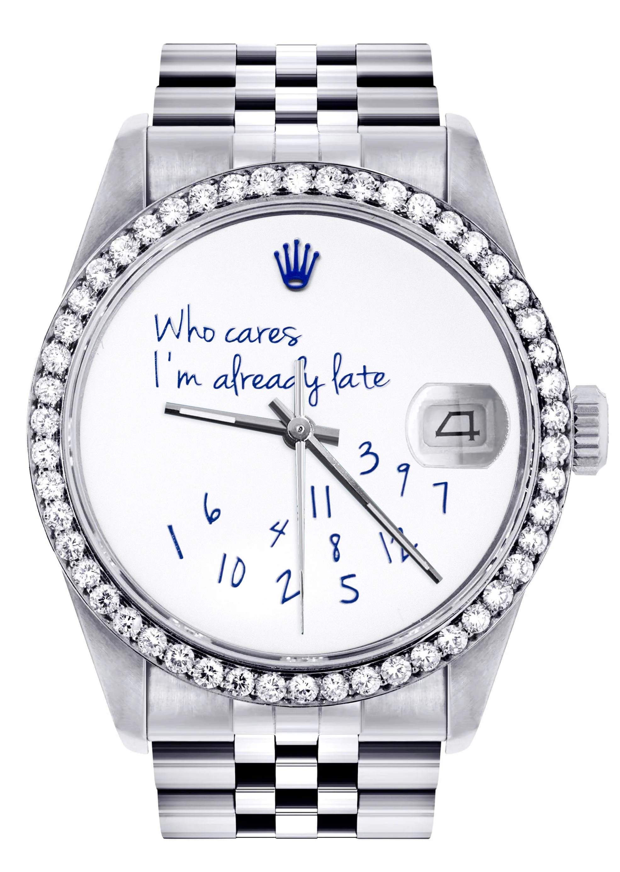 Diamond Mens Rolex Datejust Watch 16200 | 36Mm | "Who Cares I'm Already Late" Custom Dial | Jubilee Band