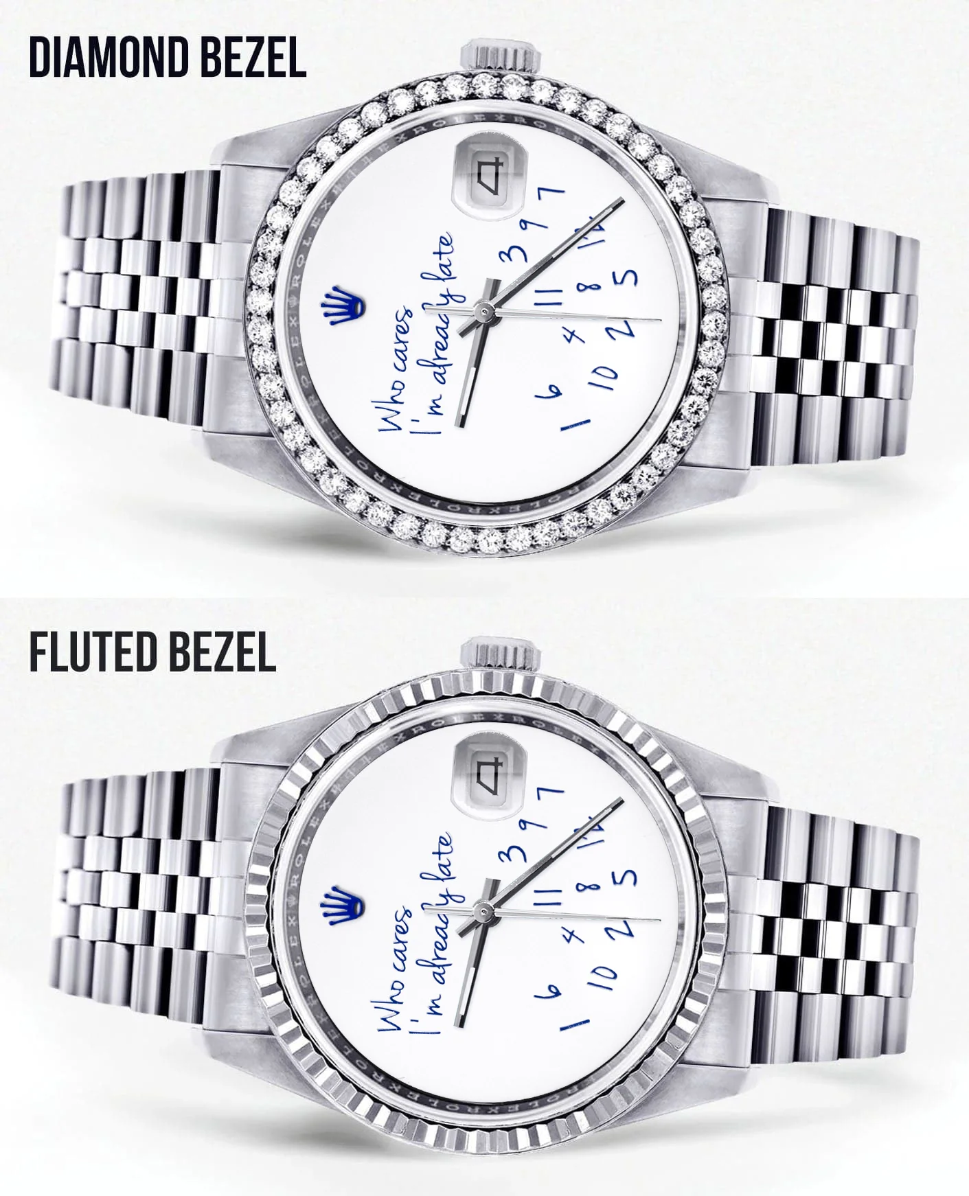 Diamond Mens Rolex Datejust Watch 16200 | 36Mm | "Who Cares I'm Already Late" Custom Dial | Jubilee Band - Image 2