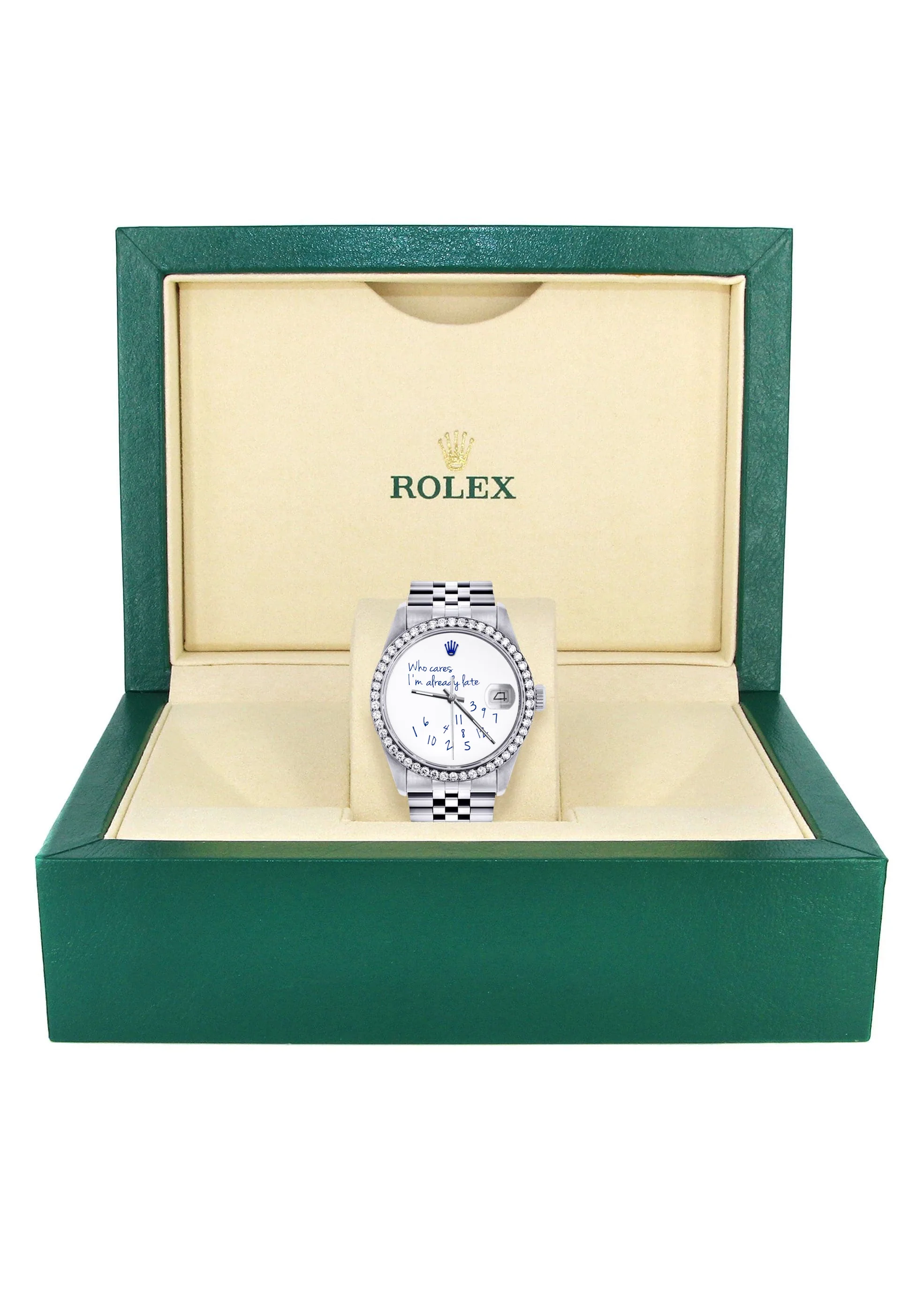 Diamond Mens Rolex Datejust Watch 16200 | 36Mm | "Who Cares I'm Already Late" Custom Dial | Jubilee Band - Image 7