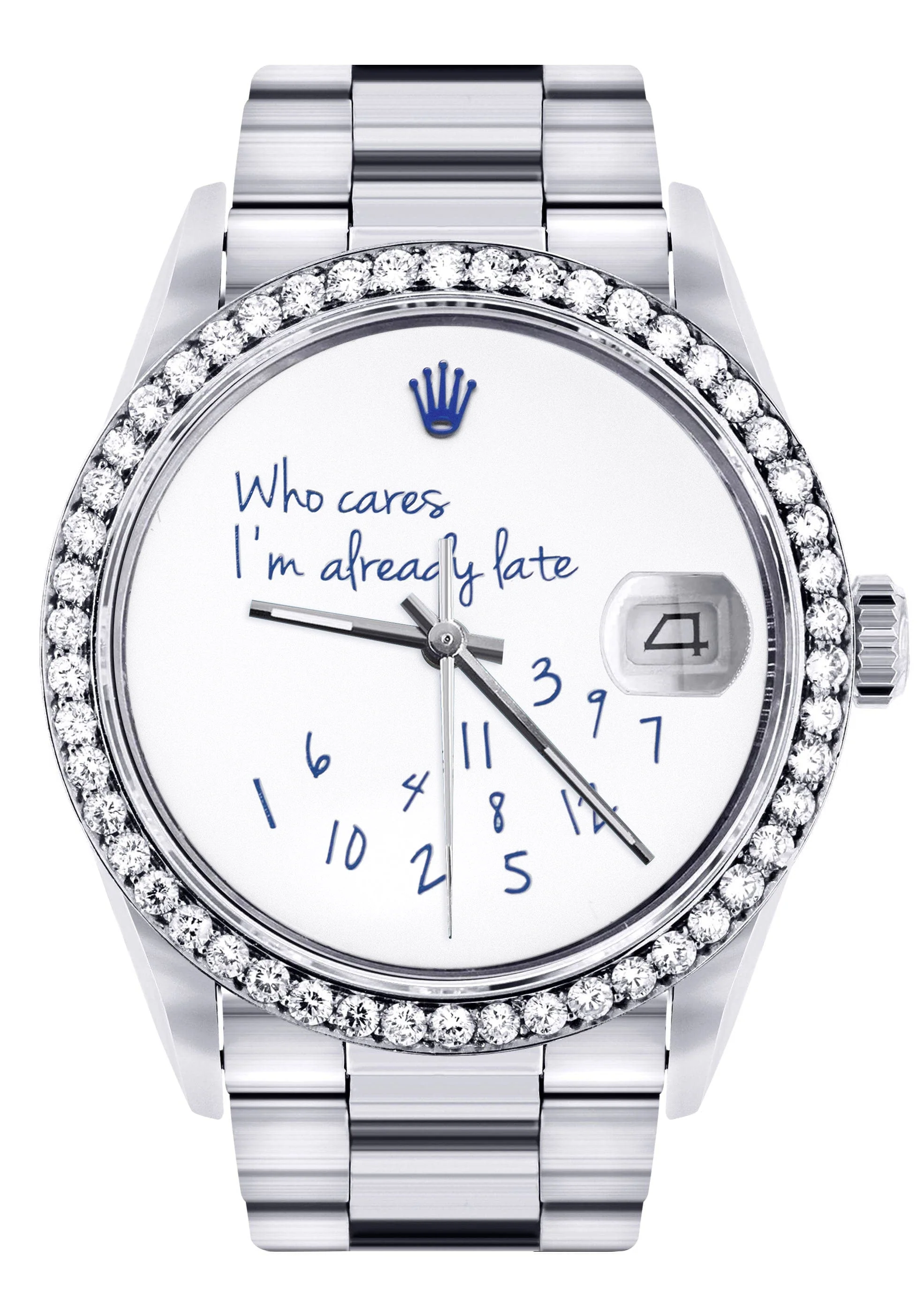 Diamond Mens Rolex Datejust Watch 16200 | 36Mm | "Who Cares I'm Already Late" Custom Dial | Oyster Band