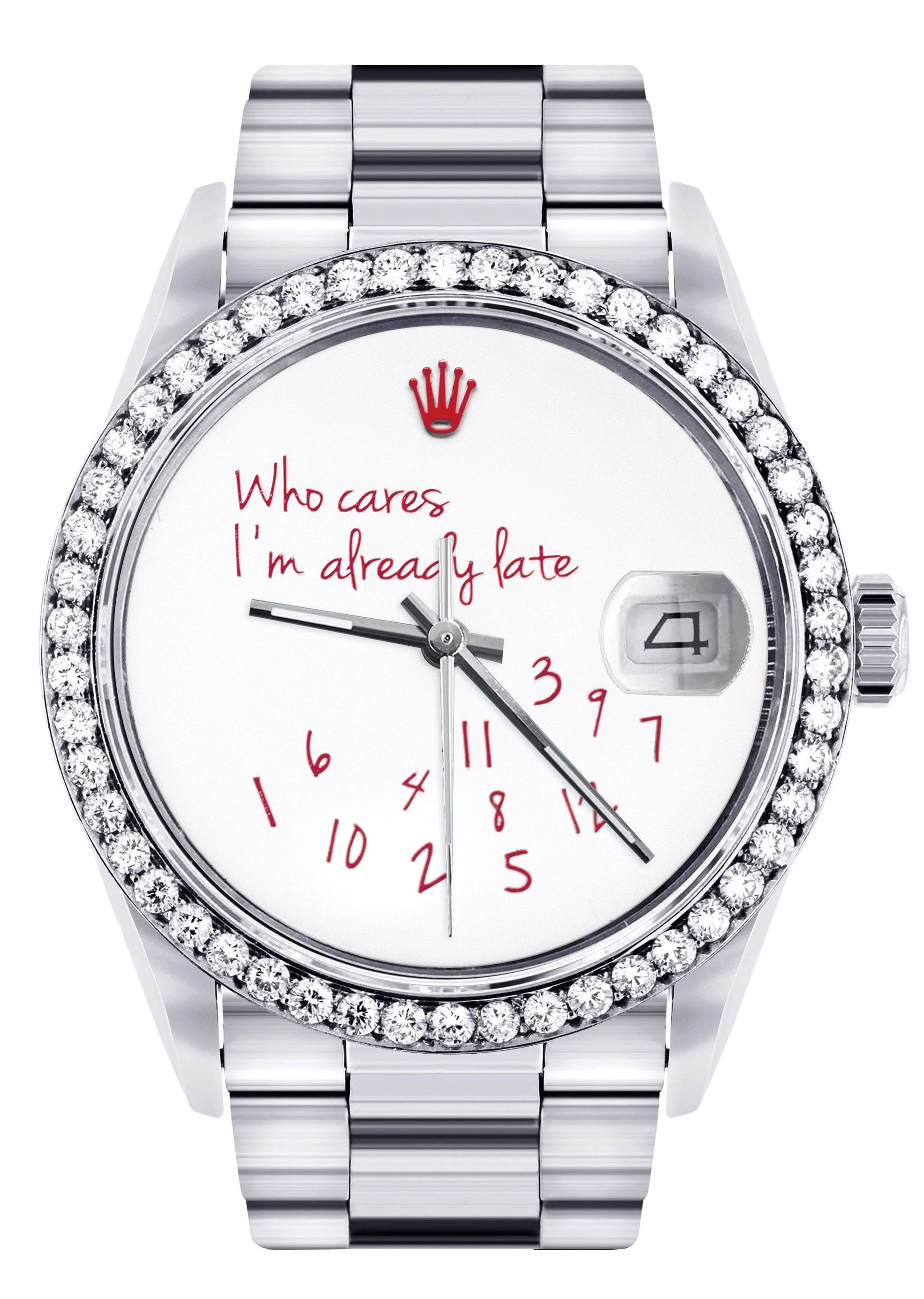 Diamond Mens Rolex Datejust Watch 16200 | 36Mm | "Who Cares I'm Already Late" Custom Dial | Oyster Band - Image 13