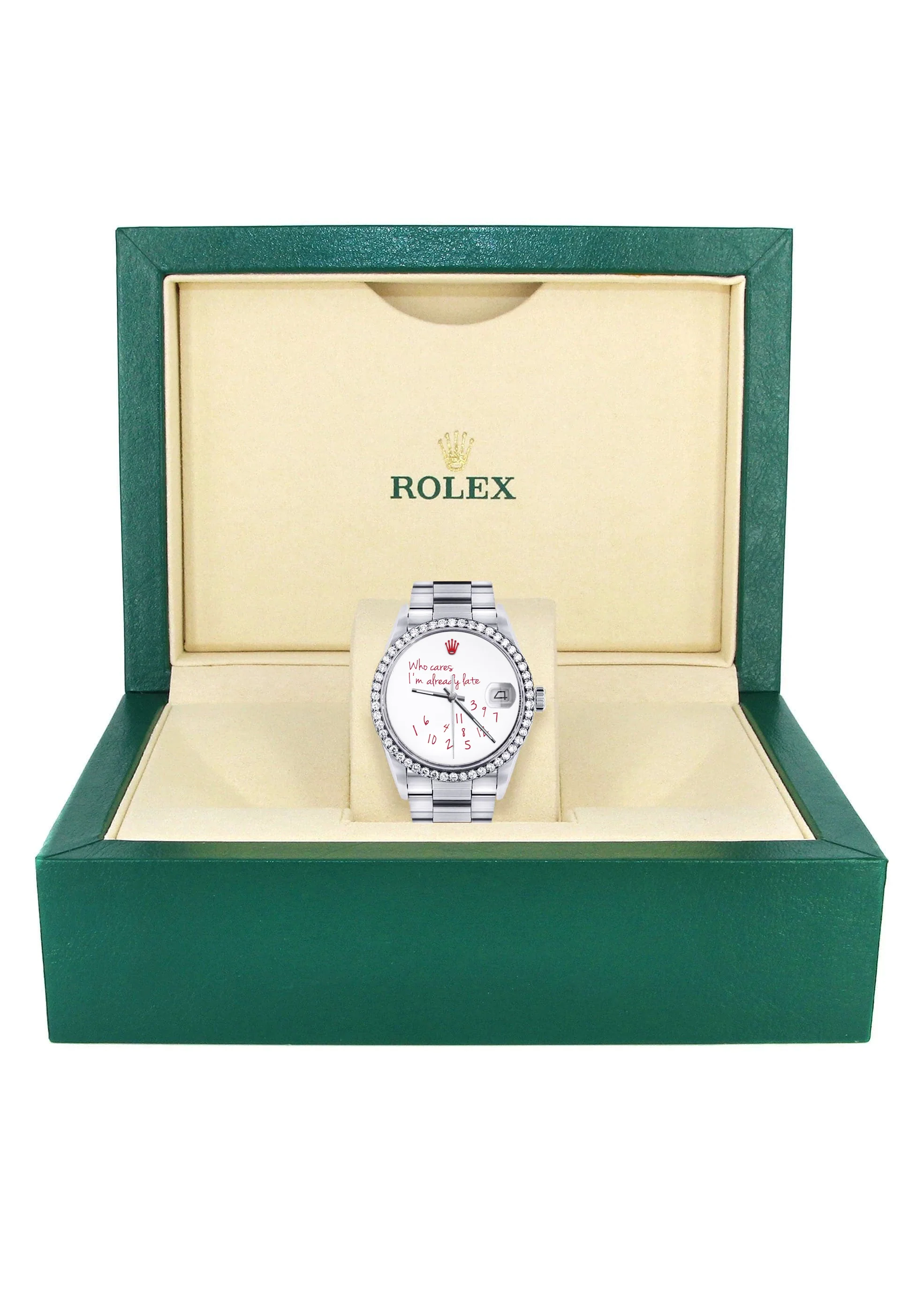 Diamond Mens Rolex Datejust Watch 16200 | 36Mm | "Who Cares I'm Already Late" Custom Dial | Oyster Band - Image 14