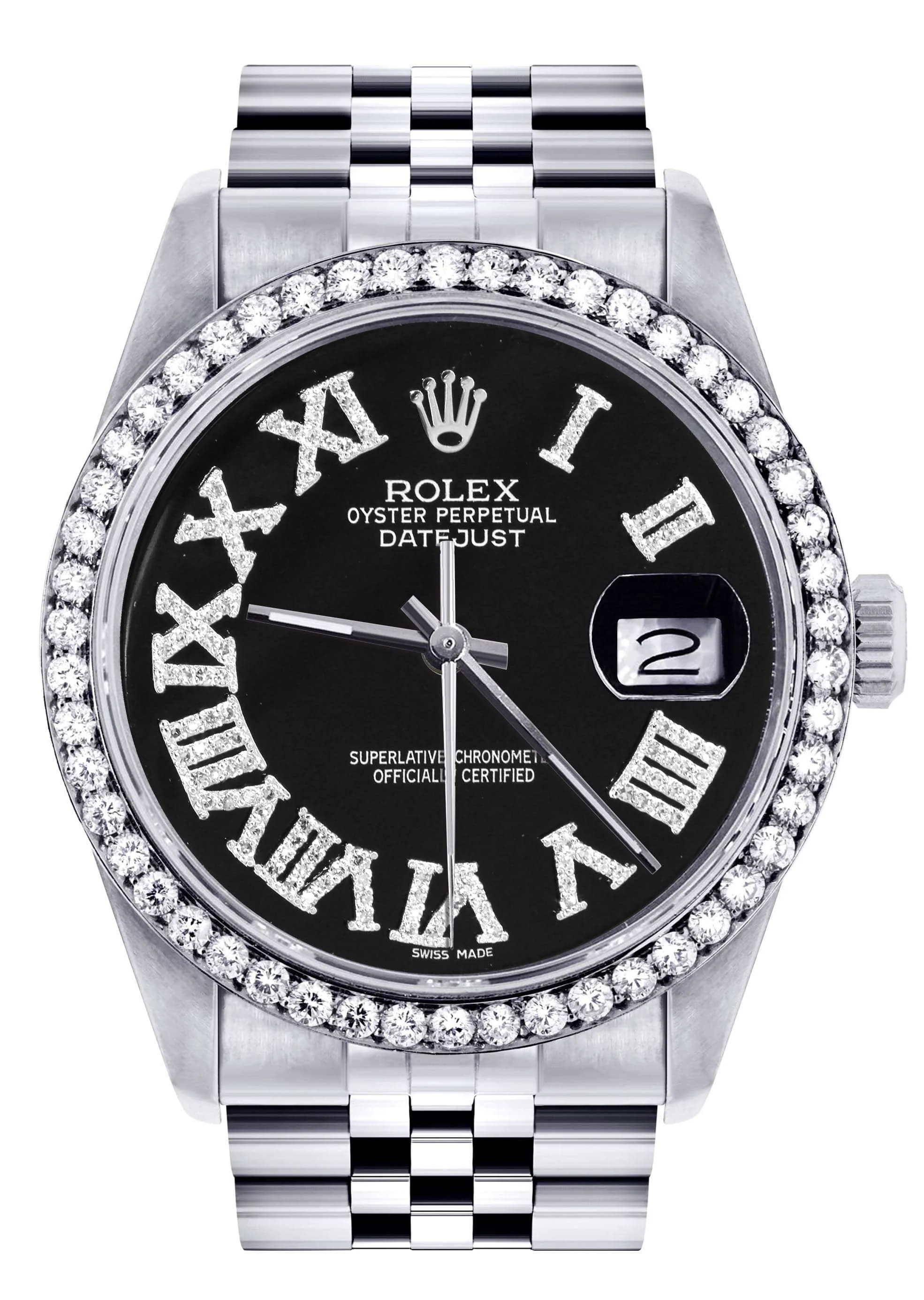 Diamond Mens Rolex Datejust Watch 16200 | 36Mm | Black Roman Numeral Dial | Jubilee Band