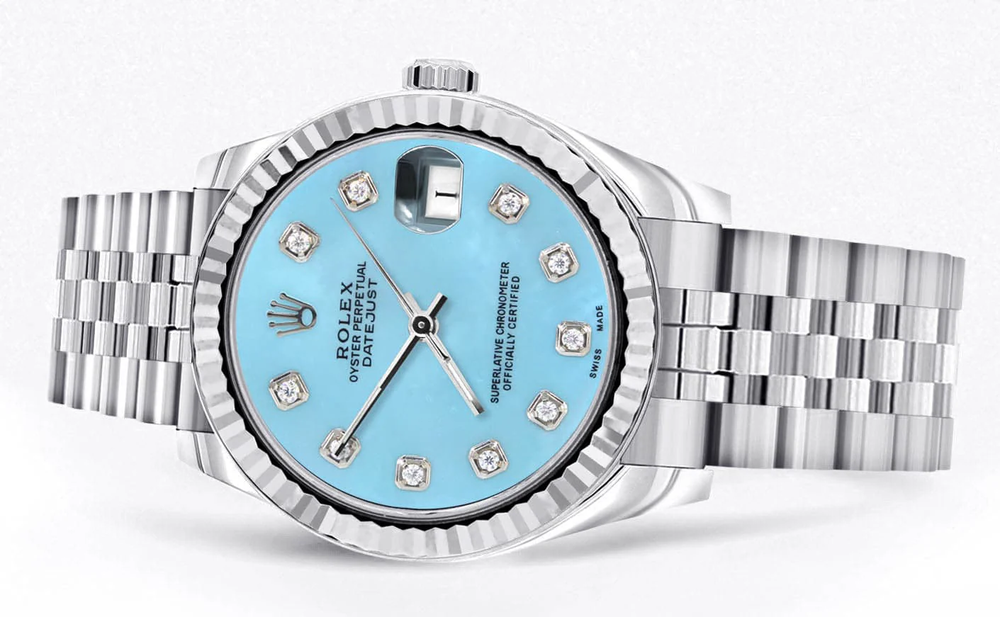 Diamond Rolex Watch | 68274 | Fluted Bezel | 31MM | Baby Blue Diamond Dial | Jubilee Band - Image 2