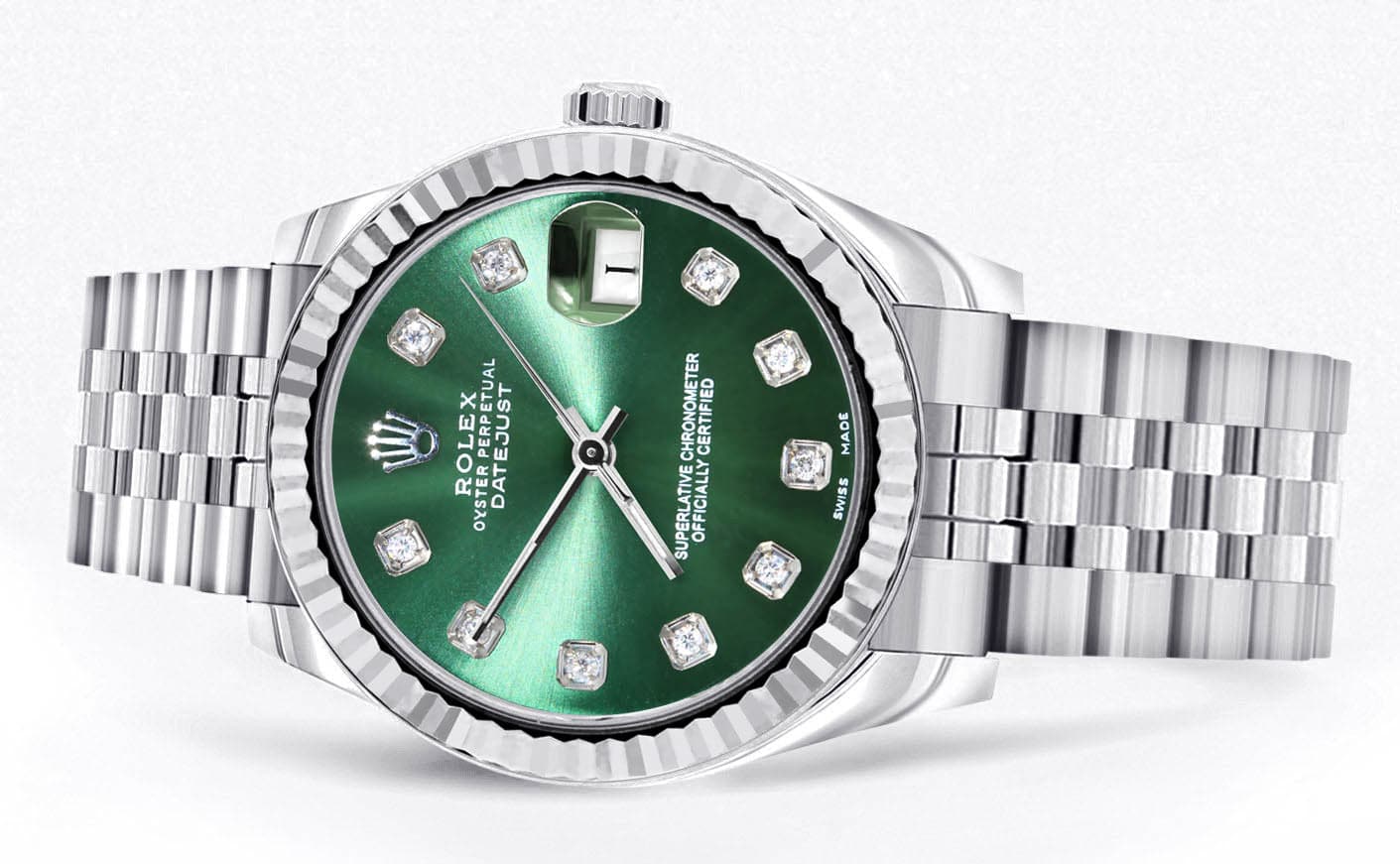 Diamond Rolex Watch | 68274 | Fluted Bezel | 31MM | Green Diamond Dial | Jubilee Band - Image 2
