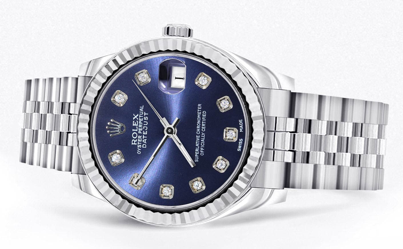 Diamond Rolex Watch | 68274 | Fluted Bezel | 31MM | Blue Diamond Dial | Jubilee Band - Image 2