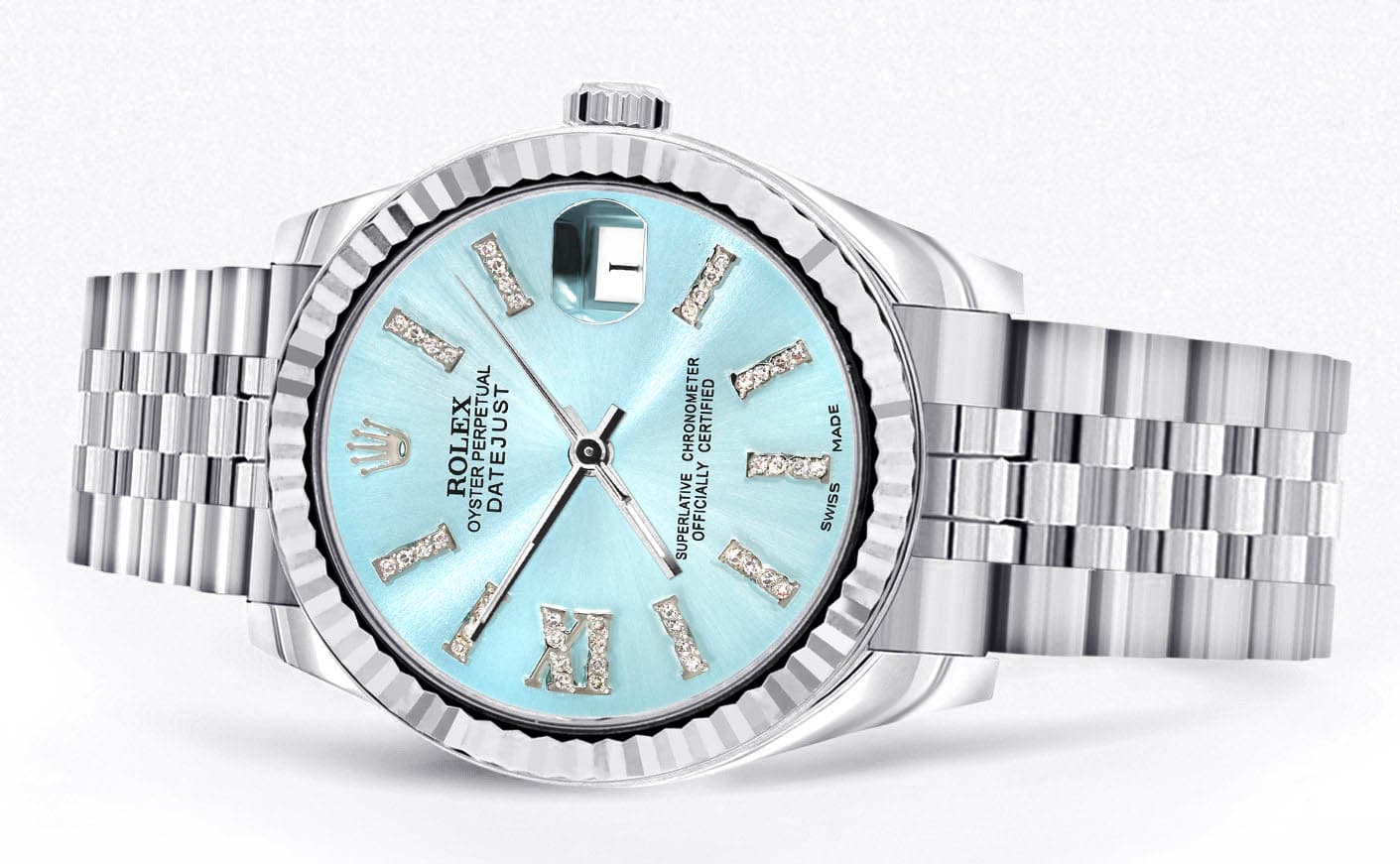 Diamond Rolex Watch | 68274 | Fluted Bezel | 31MM | Baby Blue Diamond Dial | Jubilee Band - Image 2