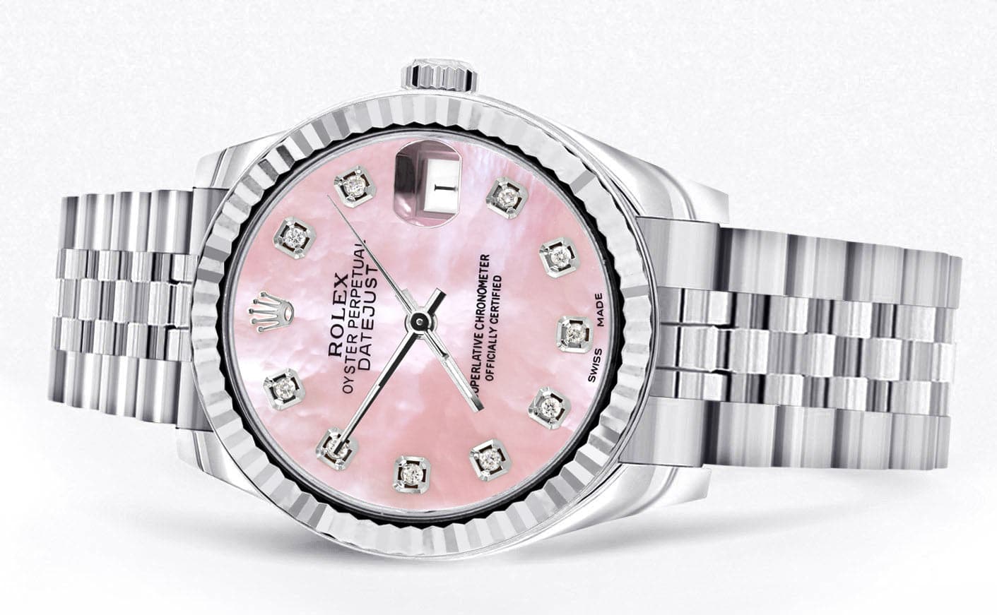 Diamond Rolex Watch | 68274 | Fluted Bezel | 31MM | Pink Mother of Pearl Diamond Dial | Jubilee Band - Image 2