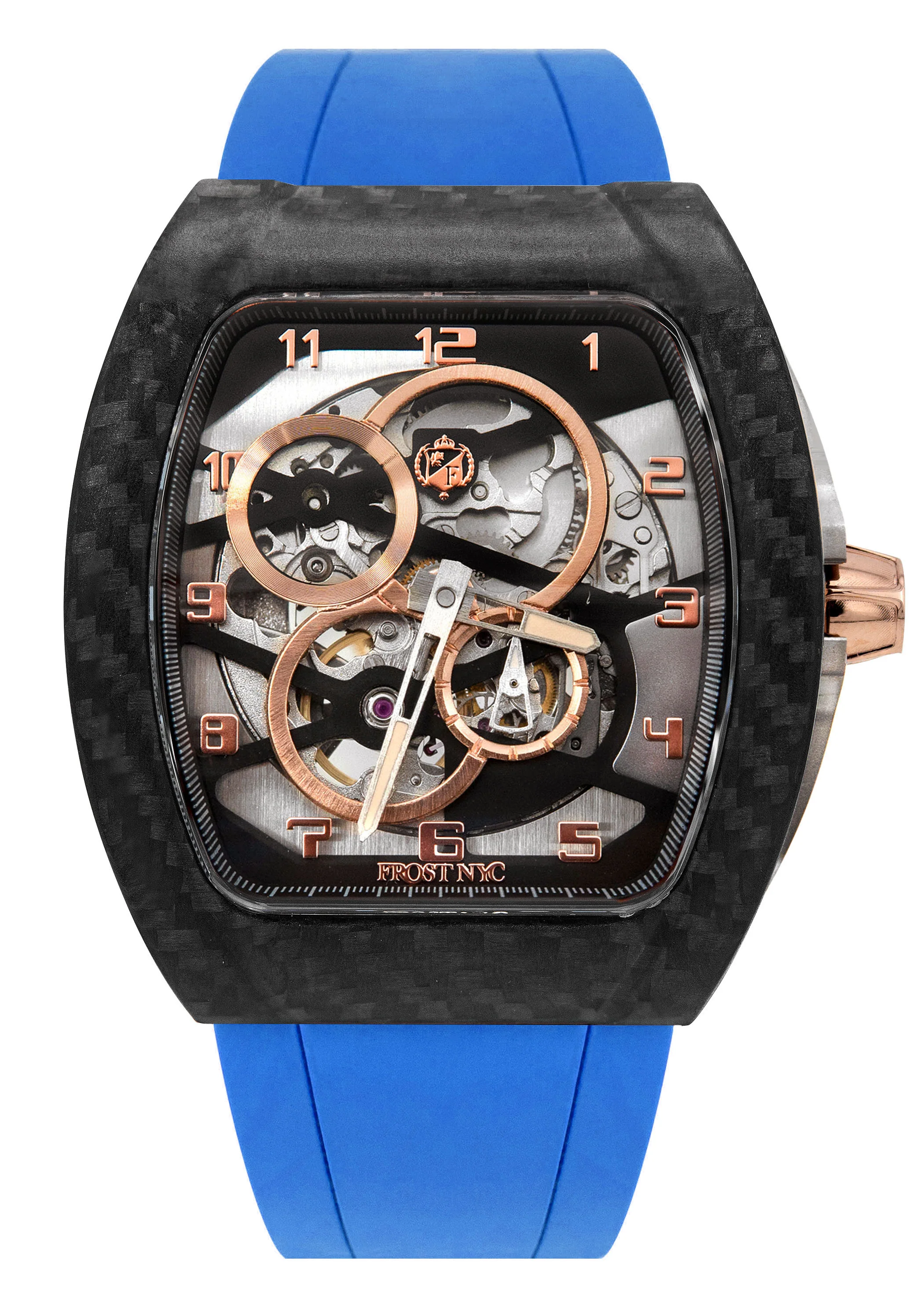 Frost NYC Mens Watch - Automatic Skeleton Carbon Fiber Rose Sport Watch | FRST-01-CFR | Blue