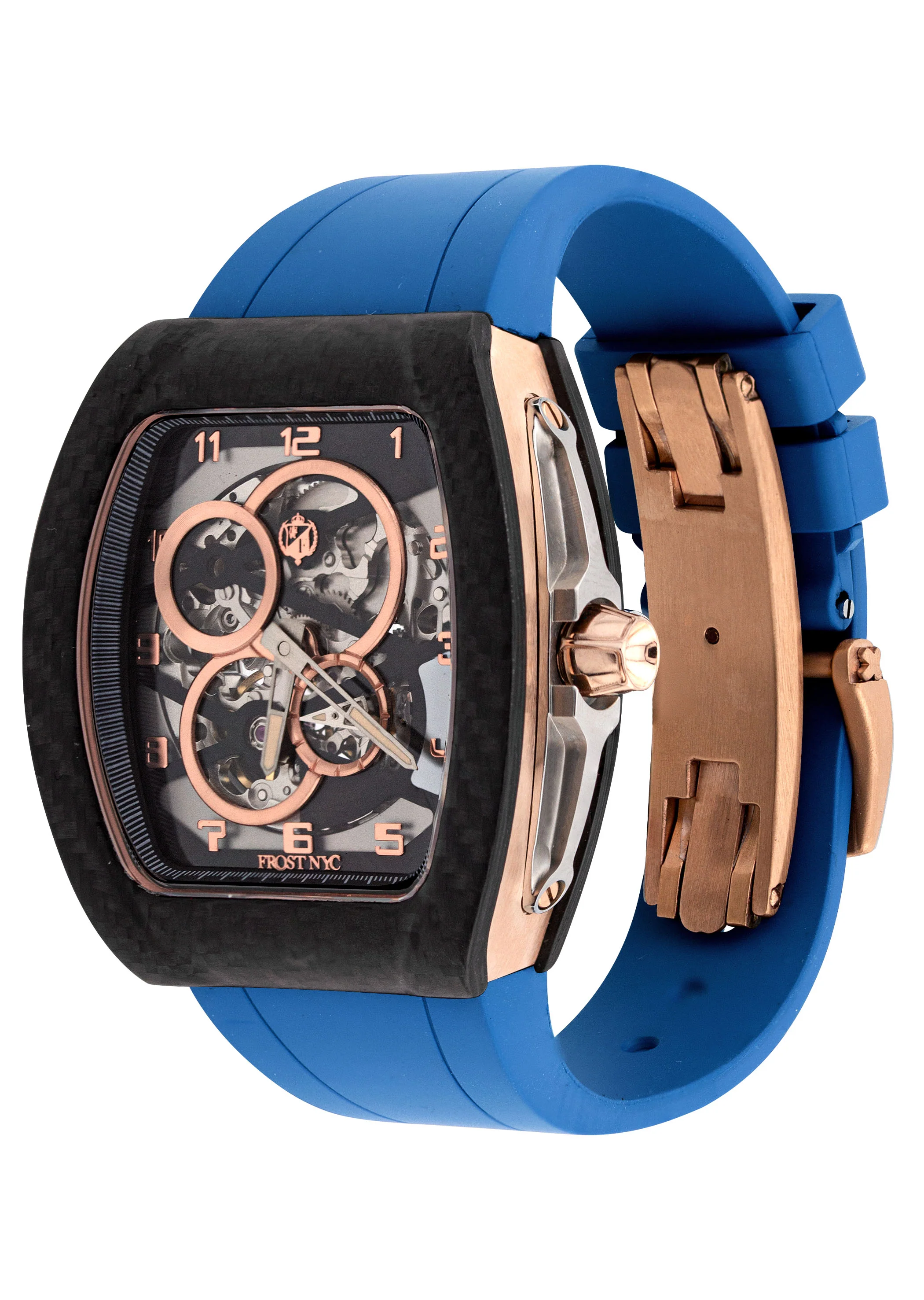 Frost NYC Mens Watch - Automatic Skeleton Carbon Fiber Rose Sport Watch | FRST-01-CFR | Blue - Image 4