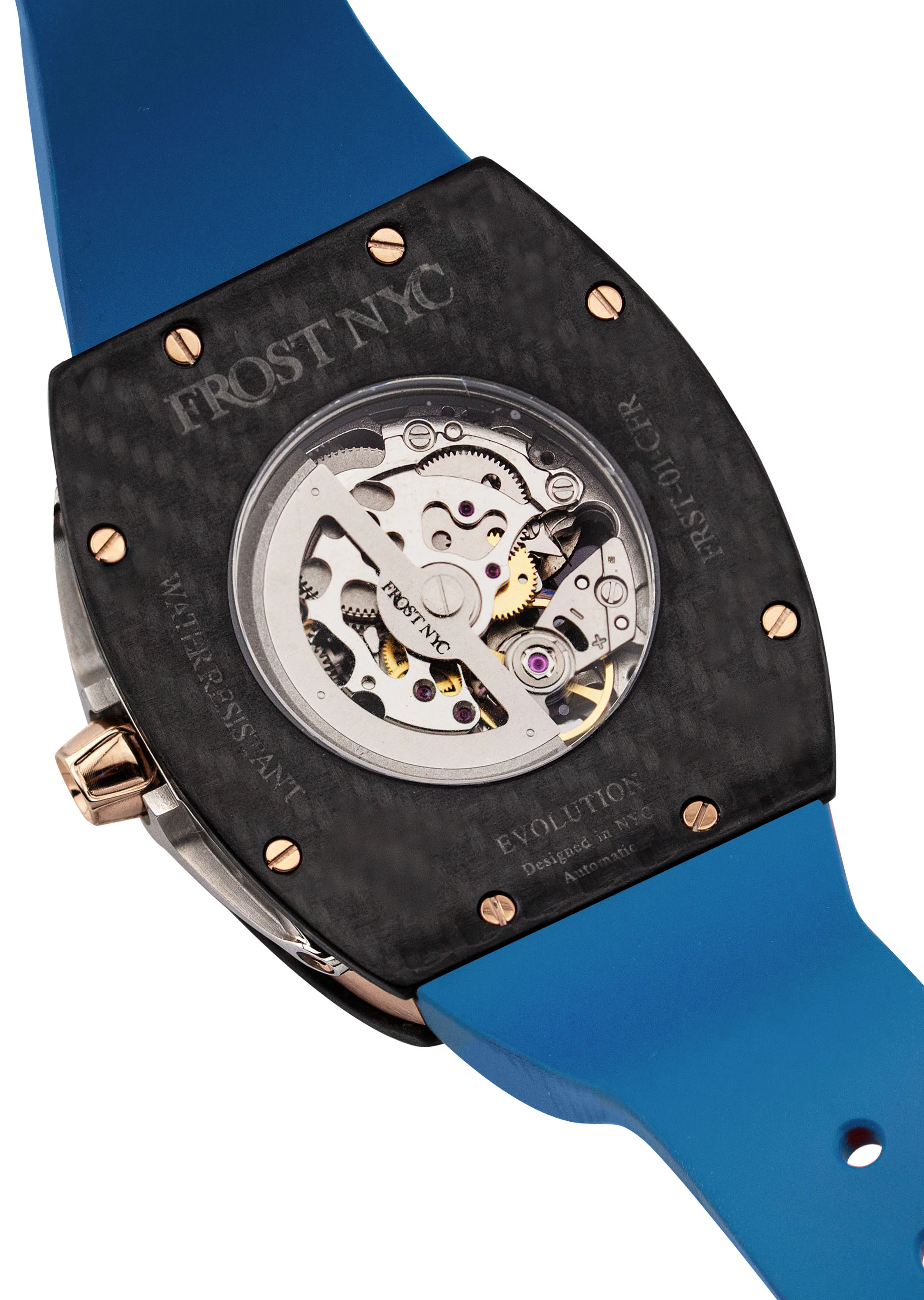 Frost NYC Mens Watch - Automatic Skeleton Carbon Fiber Rose Sport Watch | FRST-01-CFR | Blue - Image 6