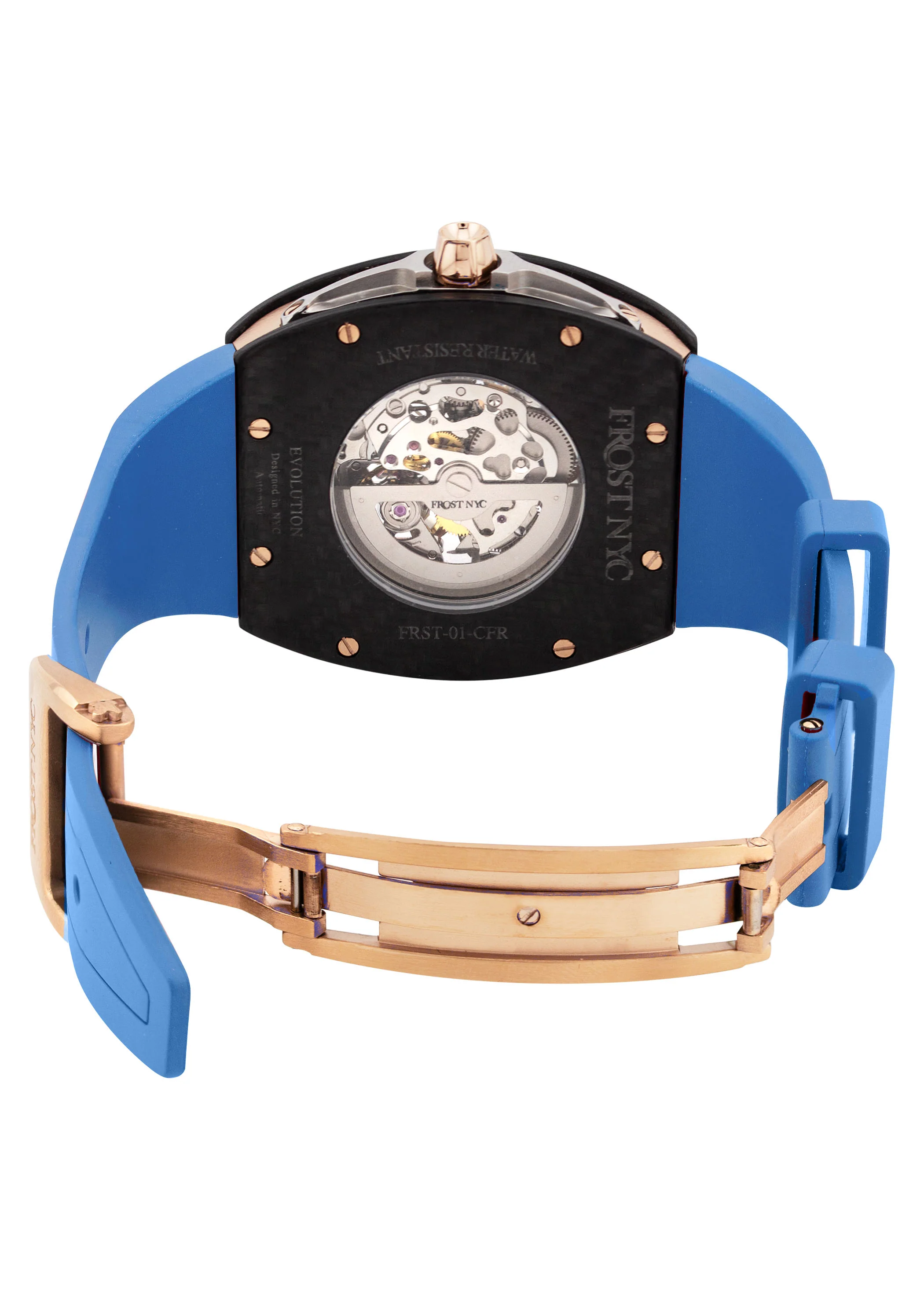 Frost NYC Mens Watch - Automatic Skeleton Carbon Fiber Rose Sport Watch | FRST-01-CFR | Blue - Image 7