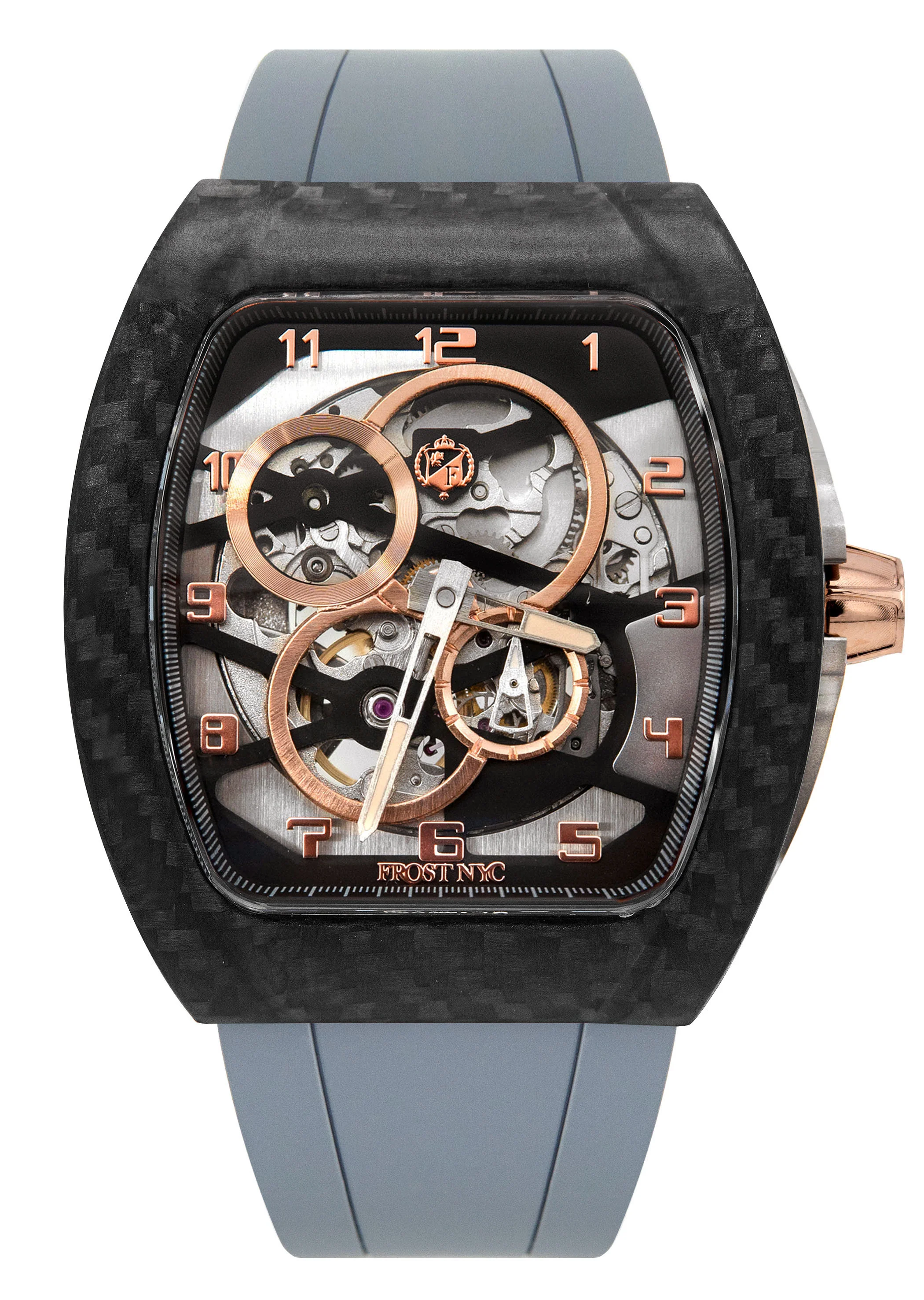 Frost NYC Mens Watch - Automatic Skeleton Carbon Fiber Rose Sport Watch | FRST-01-CFR | Gray