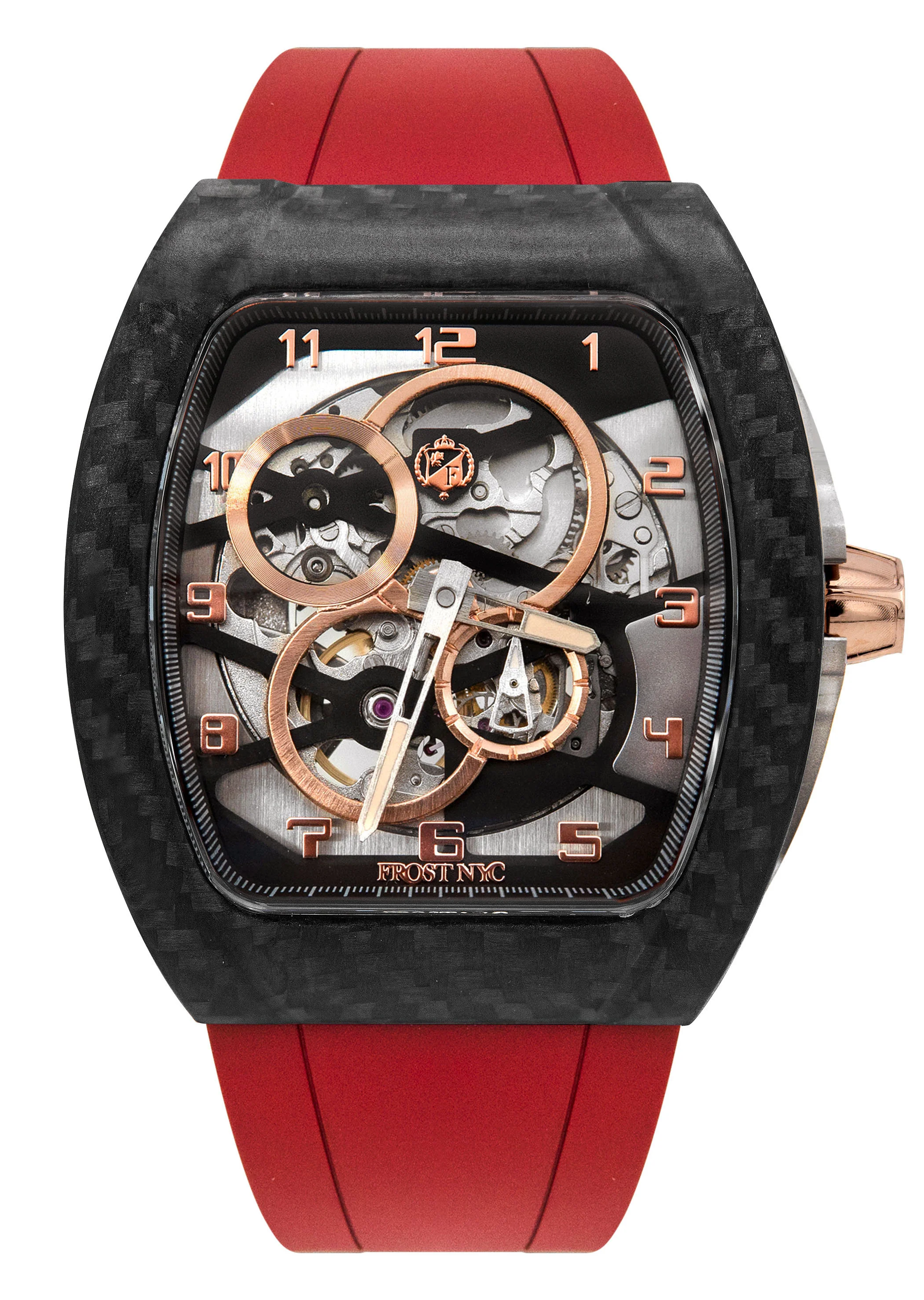Frost NYC Mens Watch - Automatic Skeleton Carbon Fiber Rose Sport Watch | FRST-01-CFR | Red
