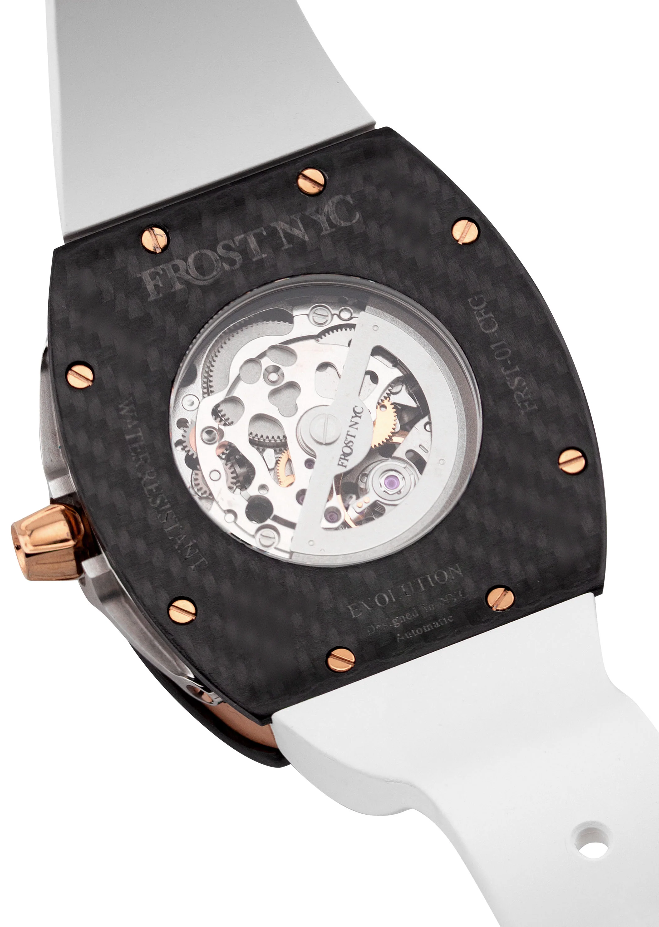Frost NYC Mens Watch - Automatic Skeleton Carbon Fiber Rose Sport Watch | FRST-01-CFR | White - Image 6