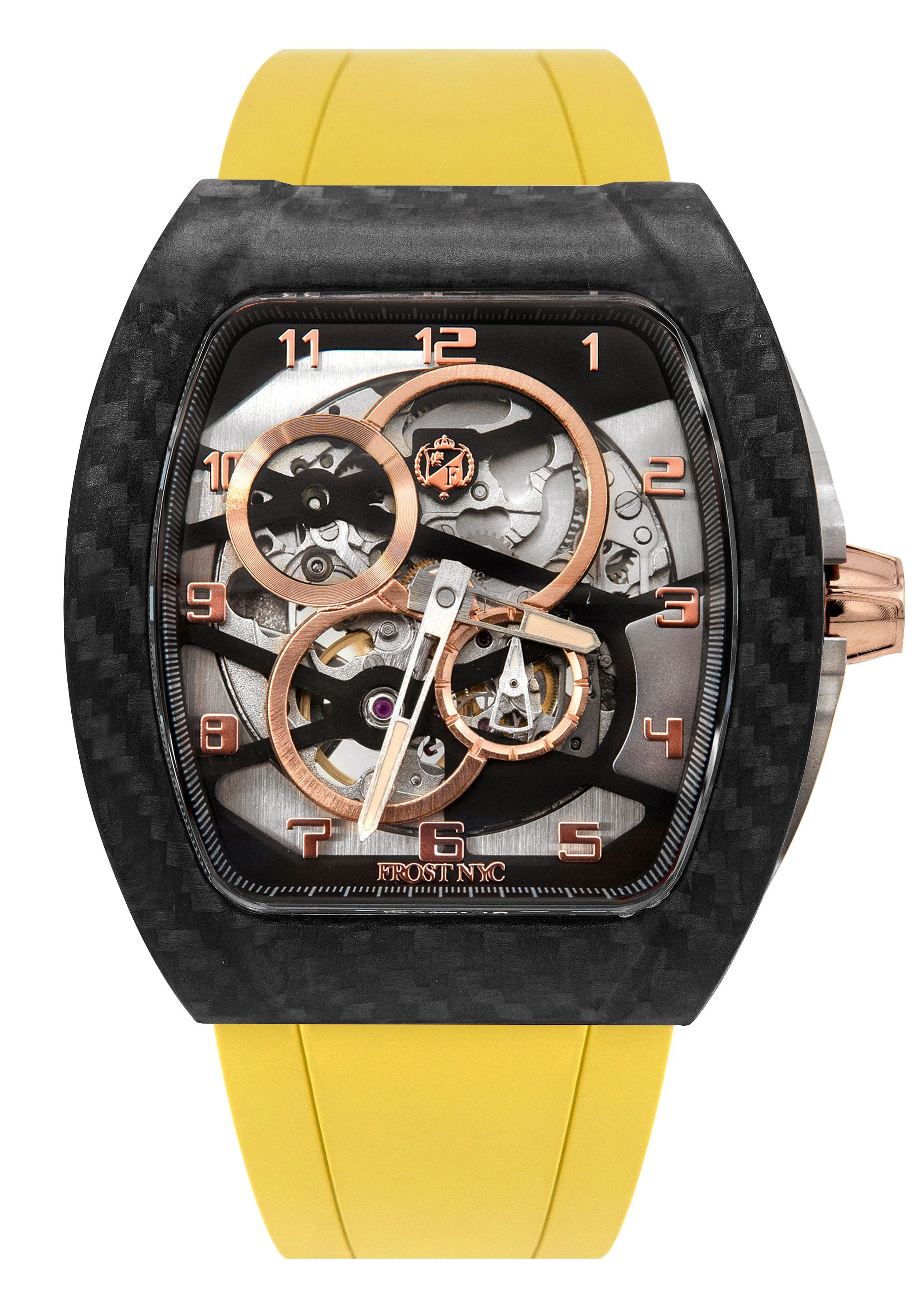 Frost NYC Mens Watch - Automatic Skeleton Carbon Fiber Rose Sport Watch | FRST-01-CFR | Yellow