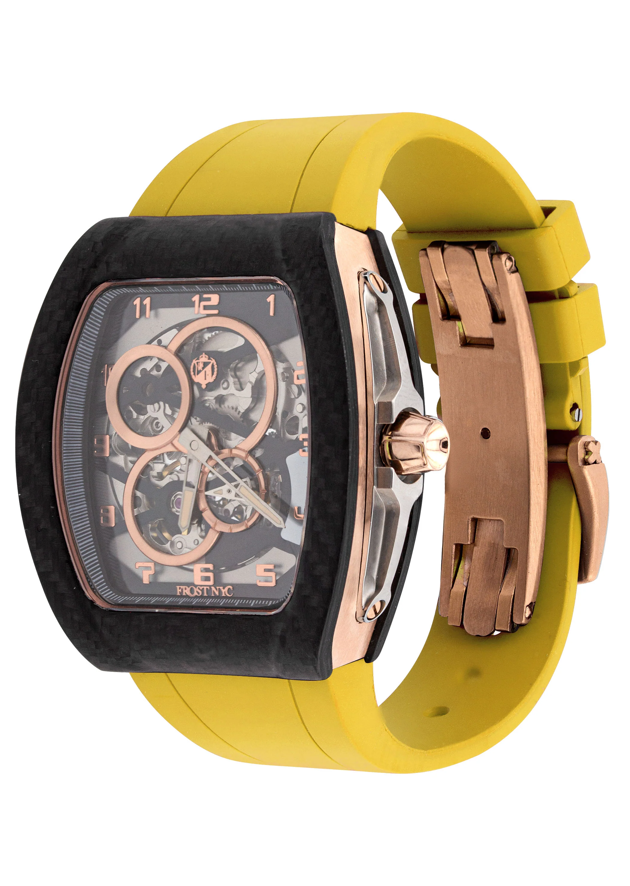 Frost NYC Mens Watch - Automatic Skeleton Carbon Fiber Rose Sport Watch | FRST-01-CFR | Yellow - Image 4