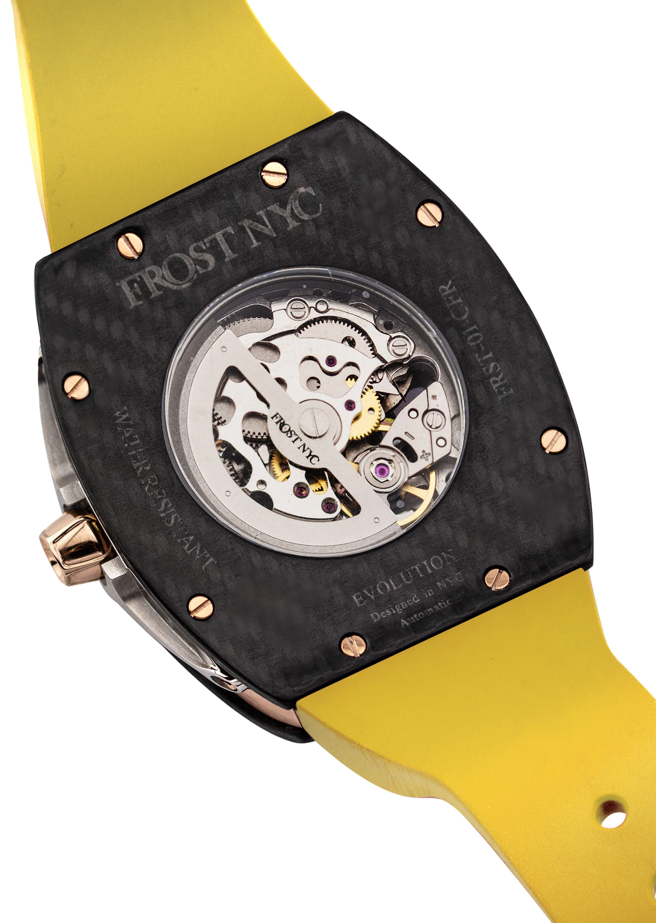 Frost NYC Mens Watch - Automatic Skeleton Carbon Fiber Rose Sport Watch | FRST-01-CFR | Yellow - Image 6