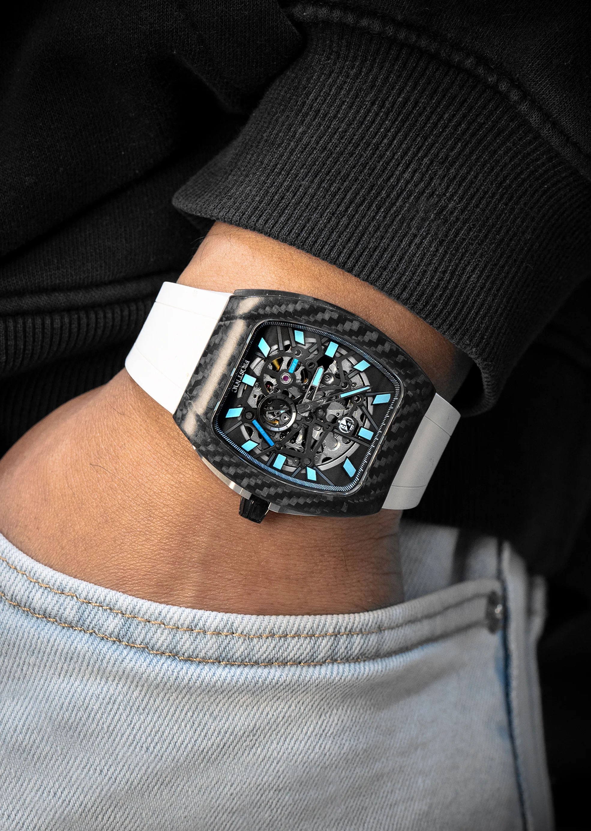 Frost NYC Mens Watch - Automatic Skeleton Carbon Fiber Sport Watch | FRST-01-CFS | White - Image 2