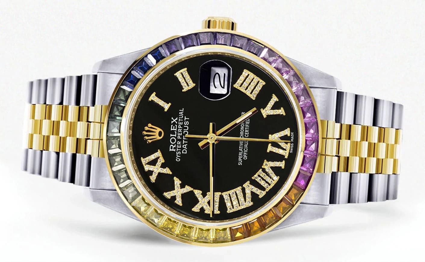 Diamond Gold Rolex Watch For Men 16233 | 36Mm | Rainbow Sapphire Bezel | Diamond Black Roman Numeral Dial | Jubilee Band - Image 2