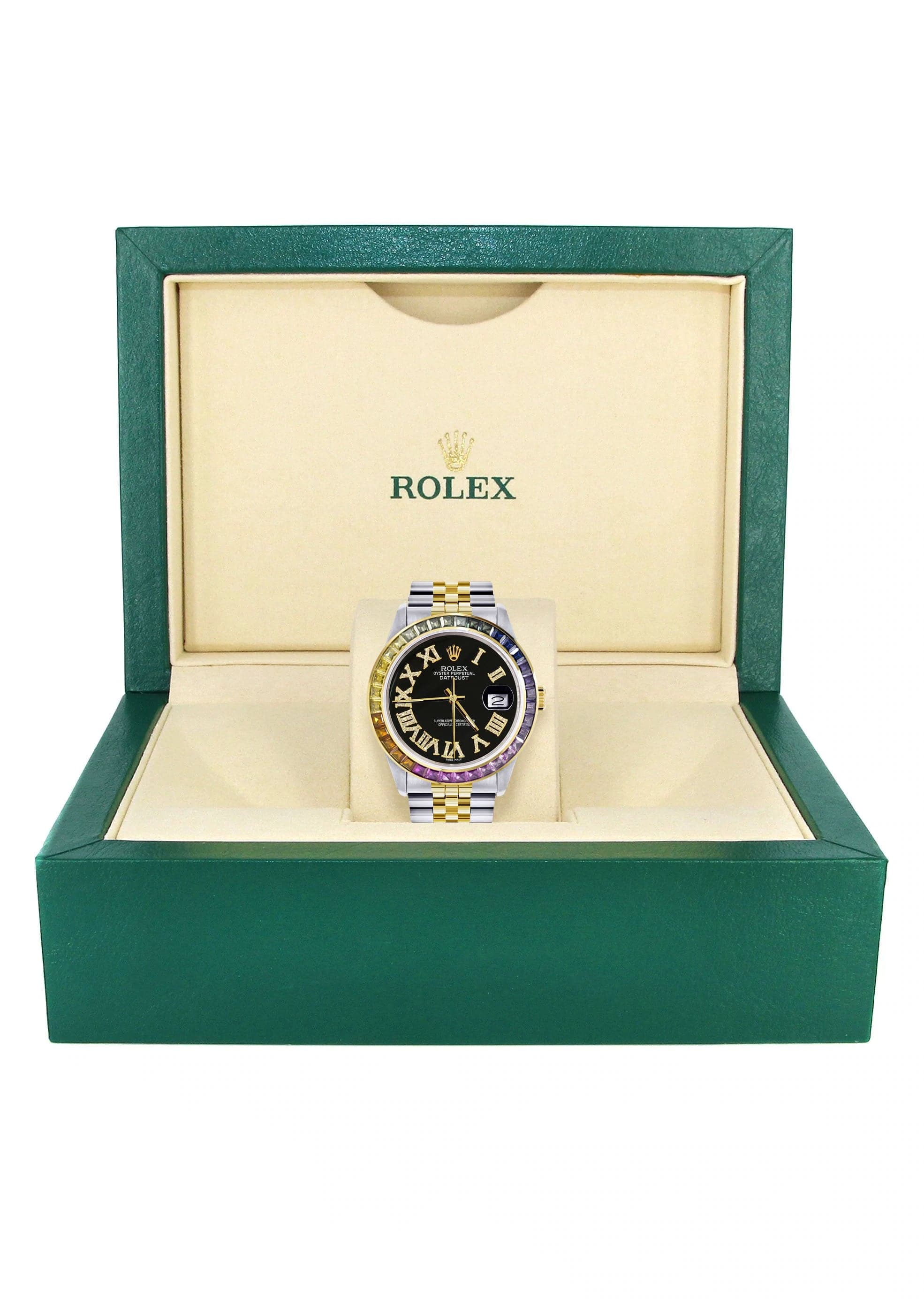 Diamond Gold Rolex Watch For Men 16233 | 36Mm | Rainbow Sapphire Bezel | Diamond Black Roman Numeral Dial | Jubilee Band - Image 4