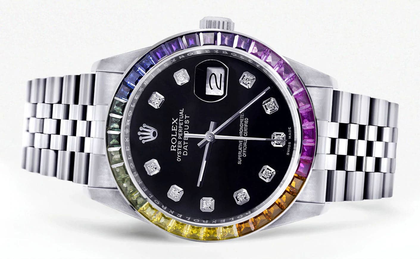 Diamond Gold Rolex Watch For Men 16200 | 36Mm | Rainbow Sapphire Bezel | Black Dial | Jubilee Band - Image 2
