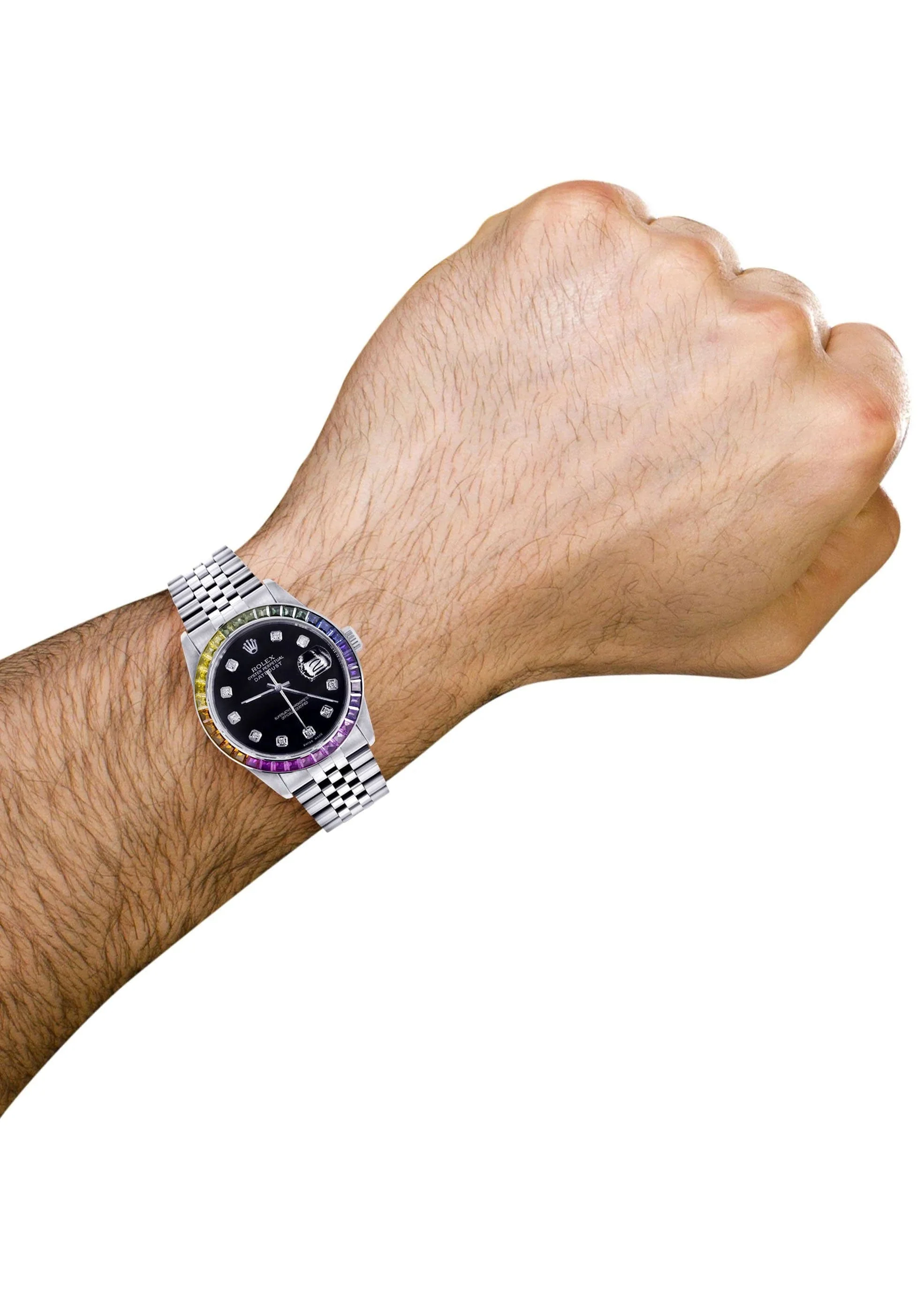 Diamond Gold Rolex Watch For Men 16200 | 36Mm | Rainbow Sapphire Bezel | Black Dial | Jubilee Band - Image 3