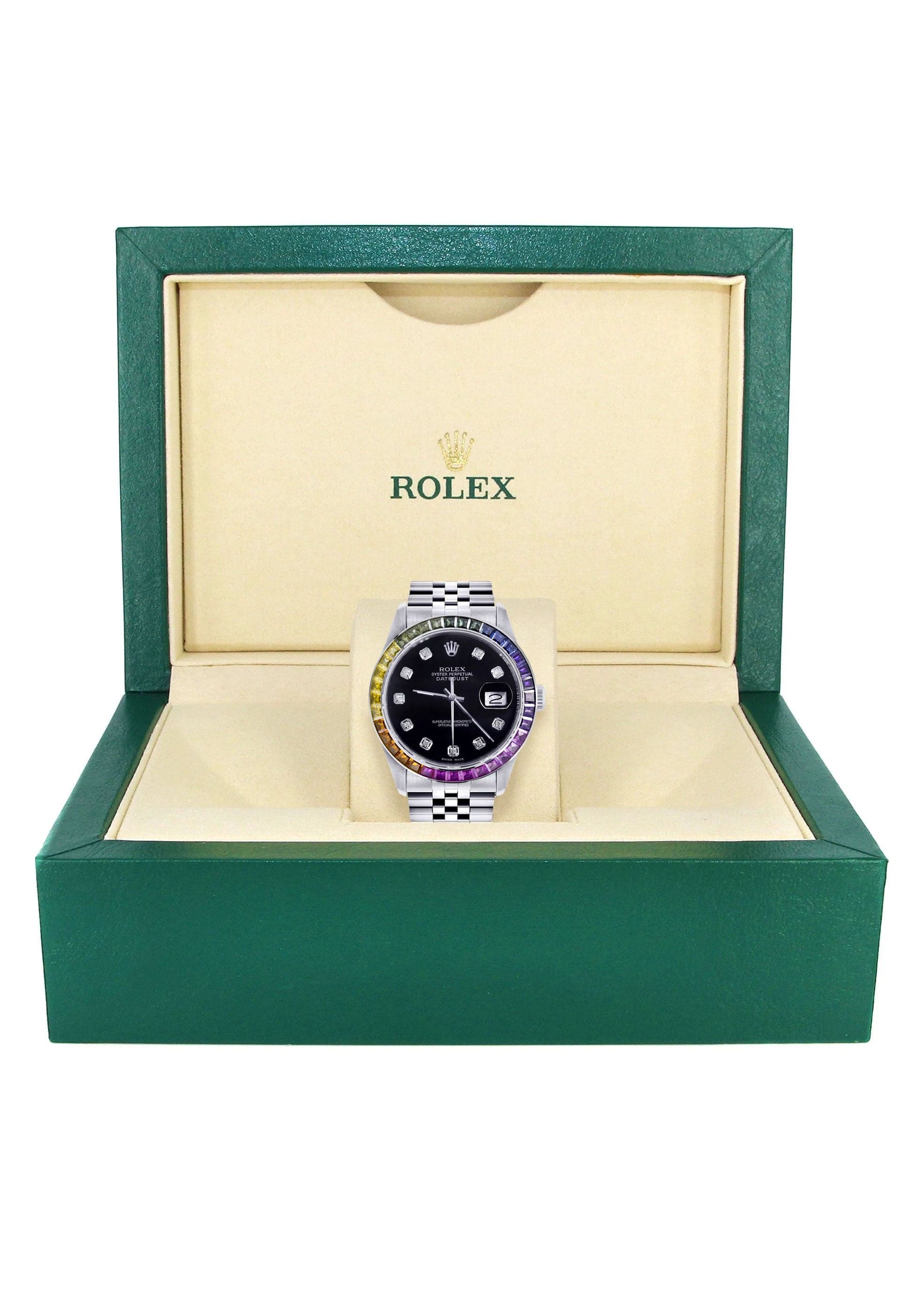 Diamond Gold Rolex Watch For Men 16200 | 36Mm | Rainbow Sapphire Bezel | Black Dial | Jubilee Band - Image 4