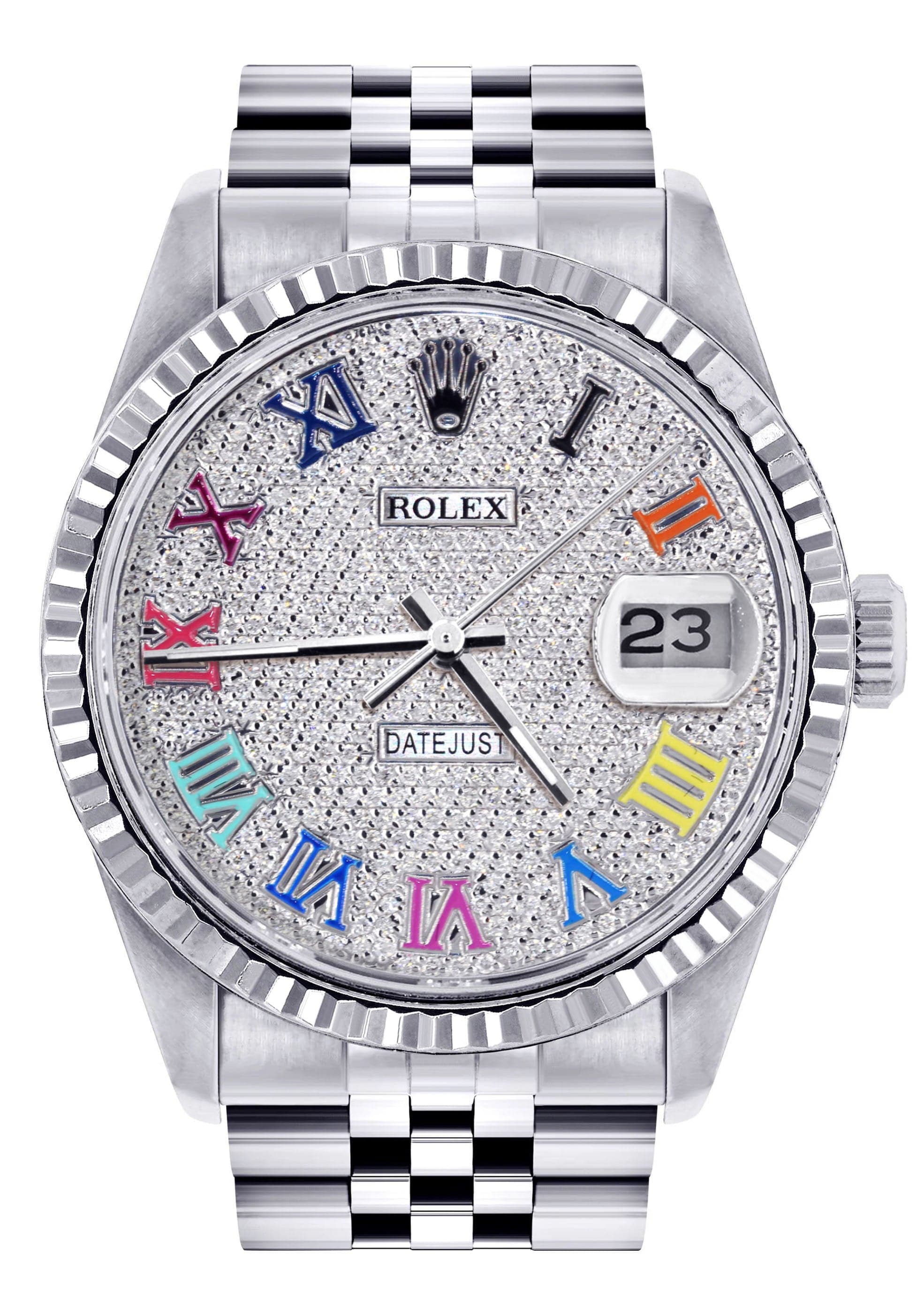 Mens Rolex Datejust Watch 16200 | Fluted Bezel | 36Mm | Colored Roman Diamond Dial | Jubilee Band