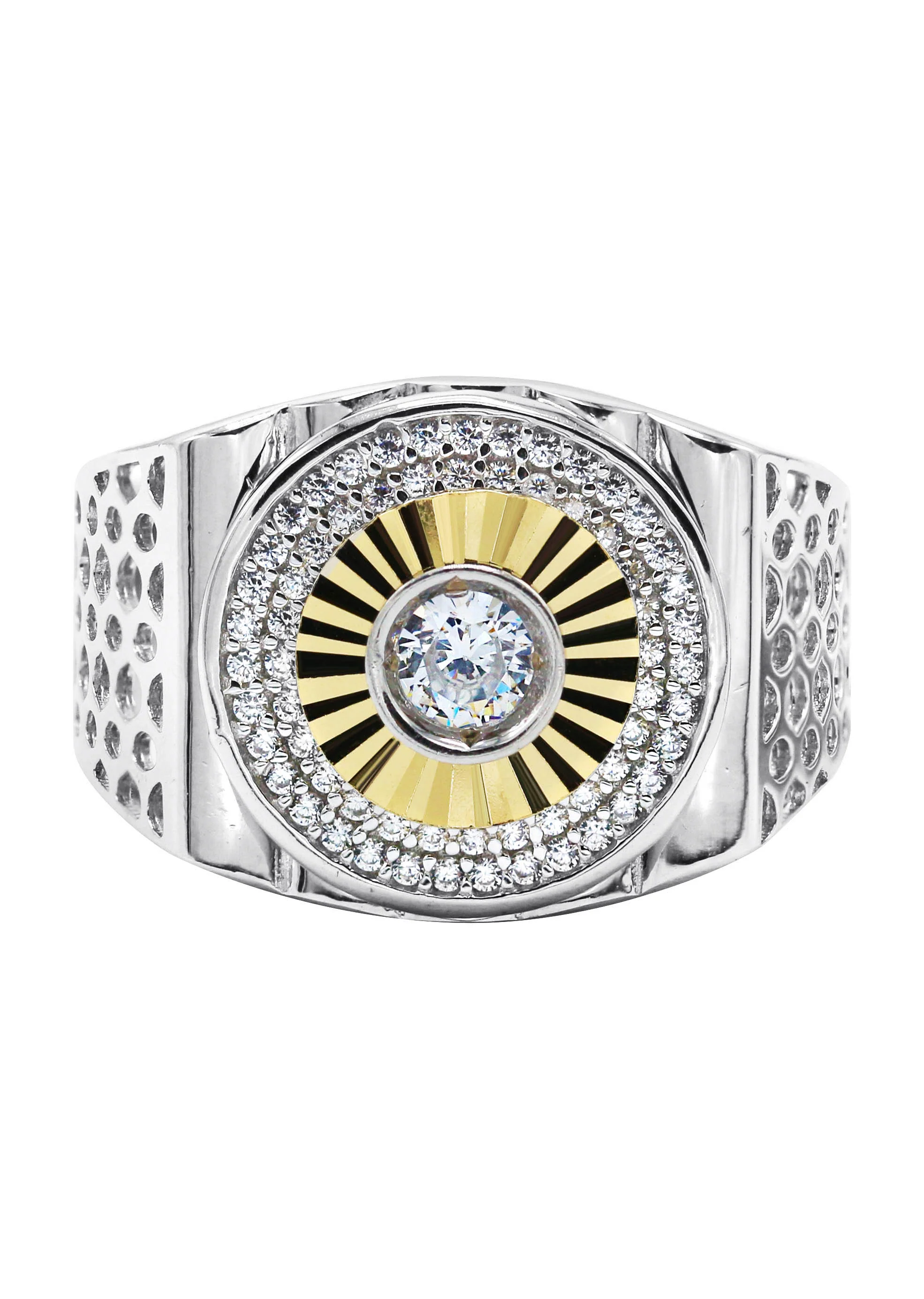 Mens Silver Round CZ Gold Ring | Appx 8.2 Grams