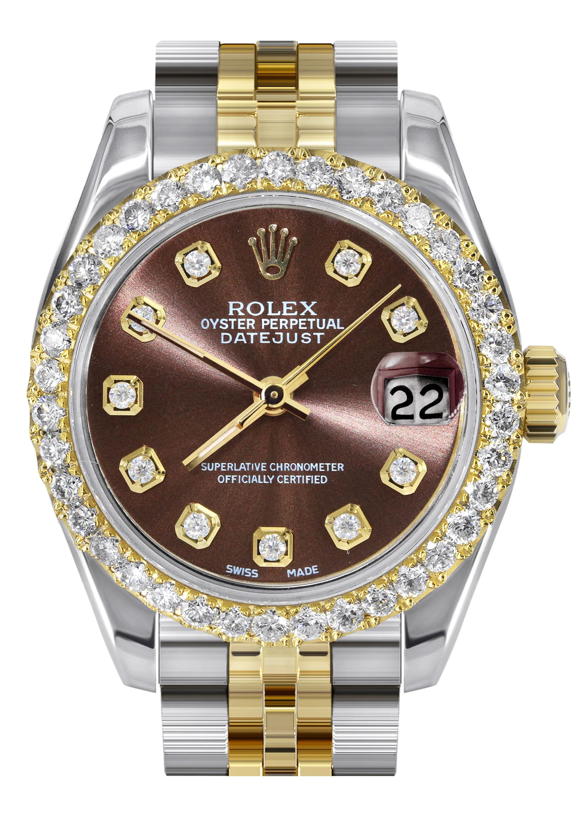 Womens Diamond Gold Hidden Clasp Rolex Watch | 1 Carat Bezel | 26Mm | Chocolate Dial | Jubilee Band | Model 179173