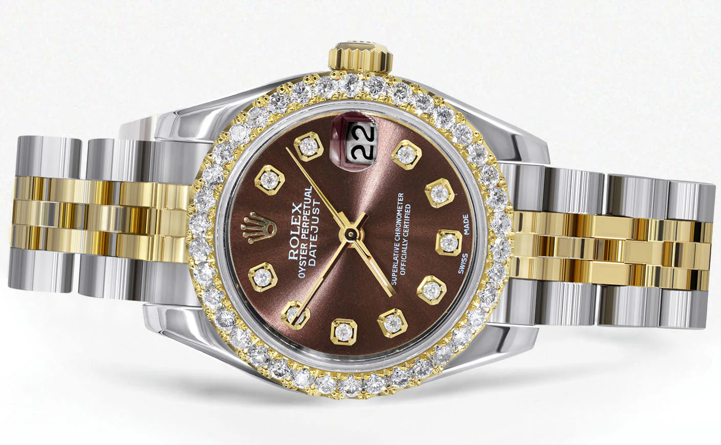 Womens Diamond Gold Hidden Clasp Rolex Watch | 1 Carat Bezel | 26Mm | Chocolate Dial | Jubilee Band | Model 179173 - Image 2