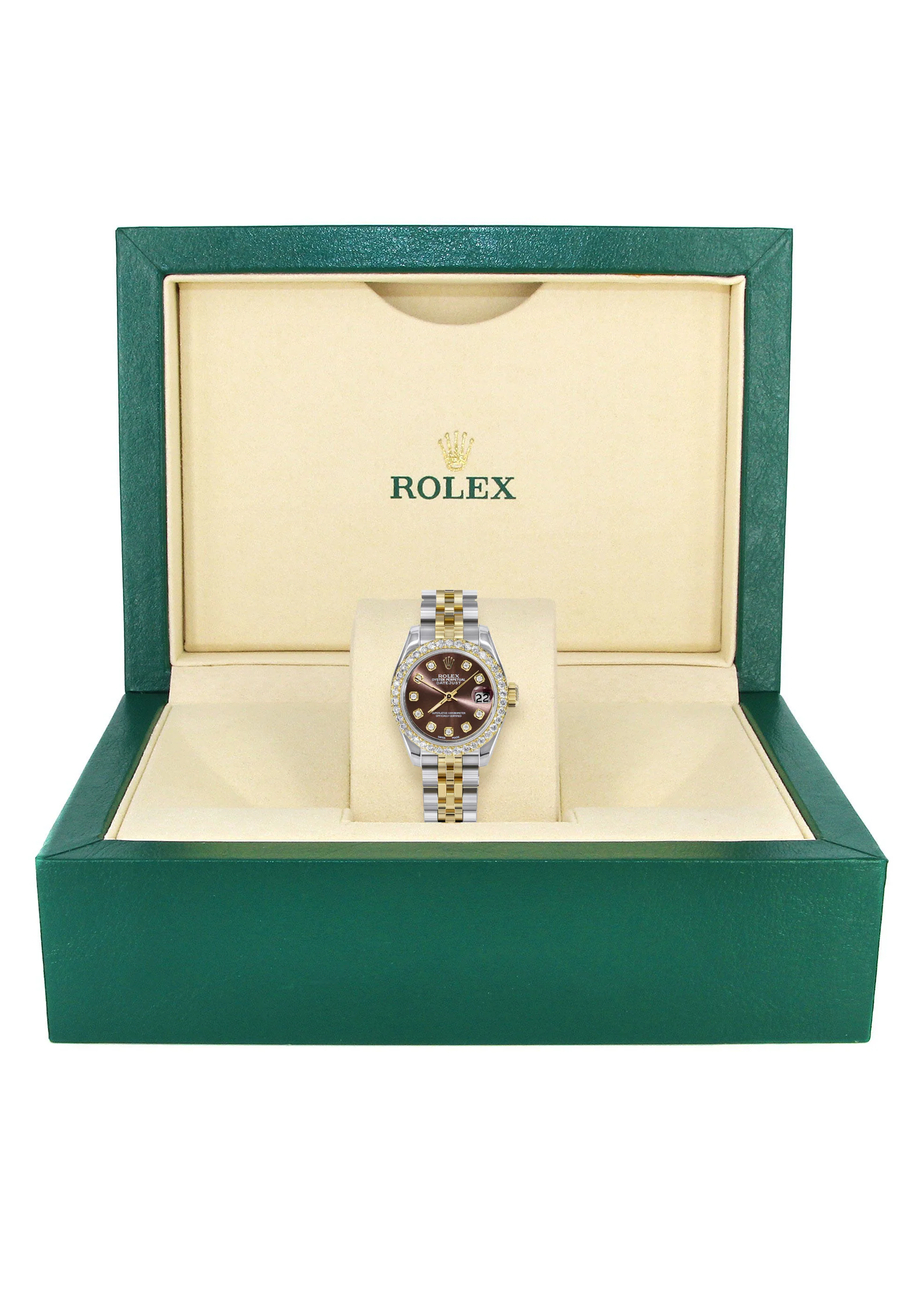 Womens Diamond Gold Hidden Clasp Rolex Watch | 1 Carat Bezel | 26Mm | Chocolate Dial | Jubilee Band | Model 179173 - Image 4