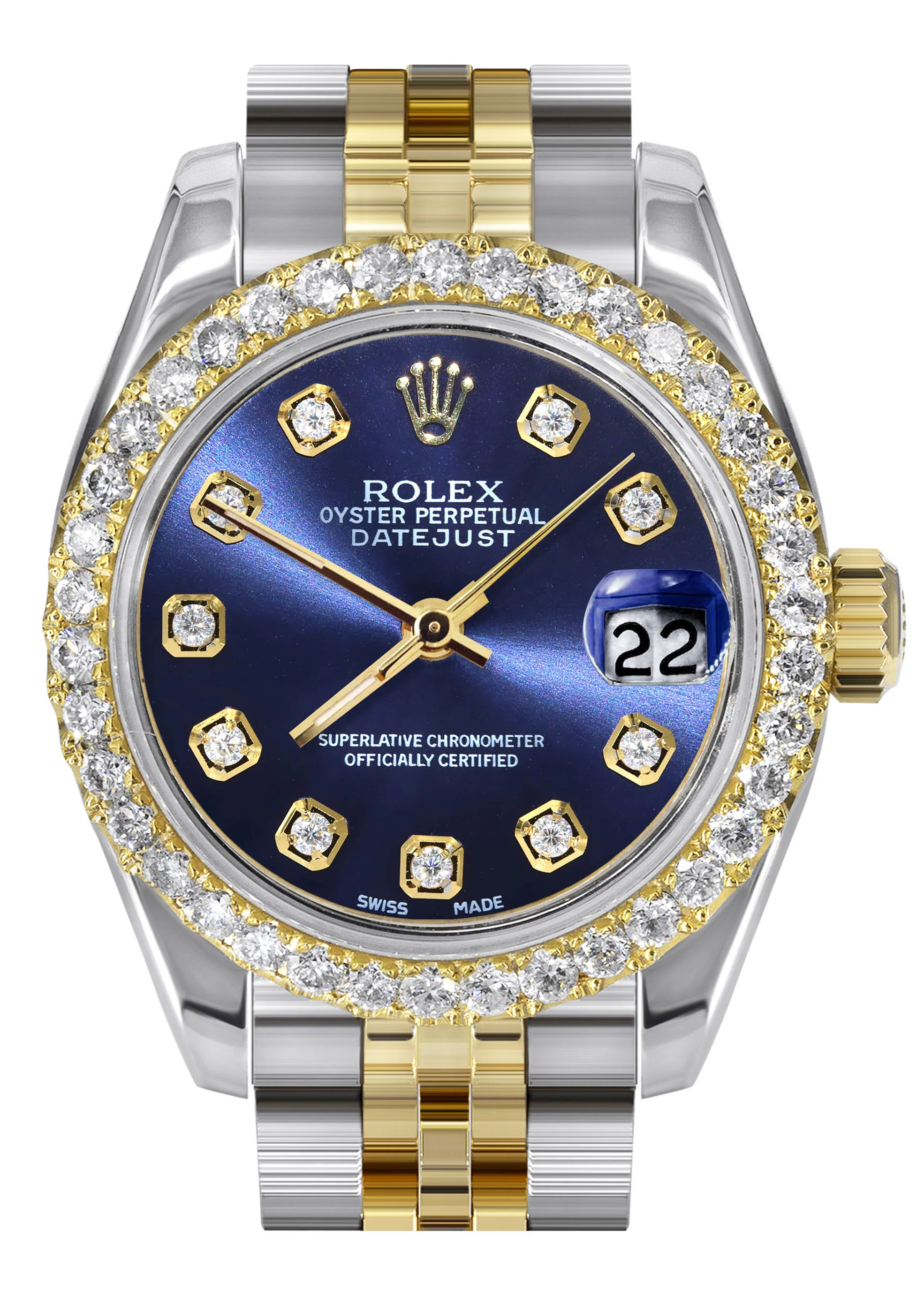 Womens Diamond Gold Hidden Clasp Rolex Watch | 1 Carat Bezel | 26Mm | Blue Dial | Jubilee Band | Model 179173