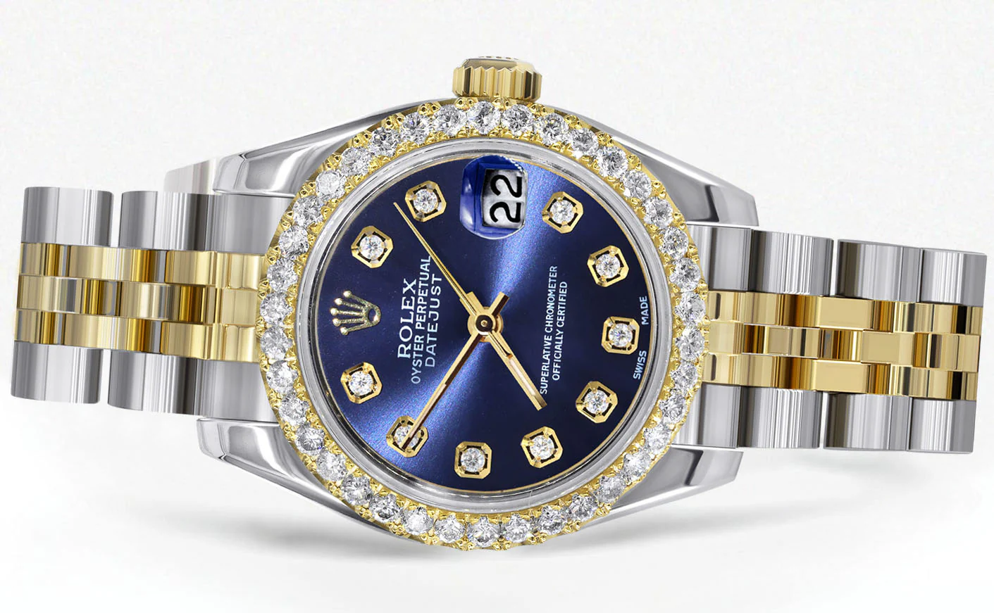 Womens Diamond Gold Hidden Clasp Rolex Watch | 1 Carat Bezel | 26Mm | Blue Dial | Jubilee Band | Model 179173 - Image 2