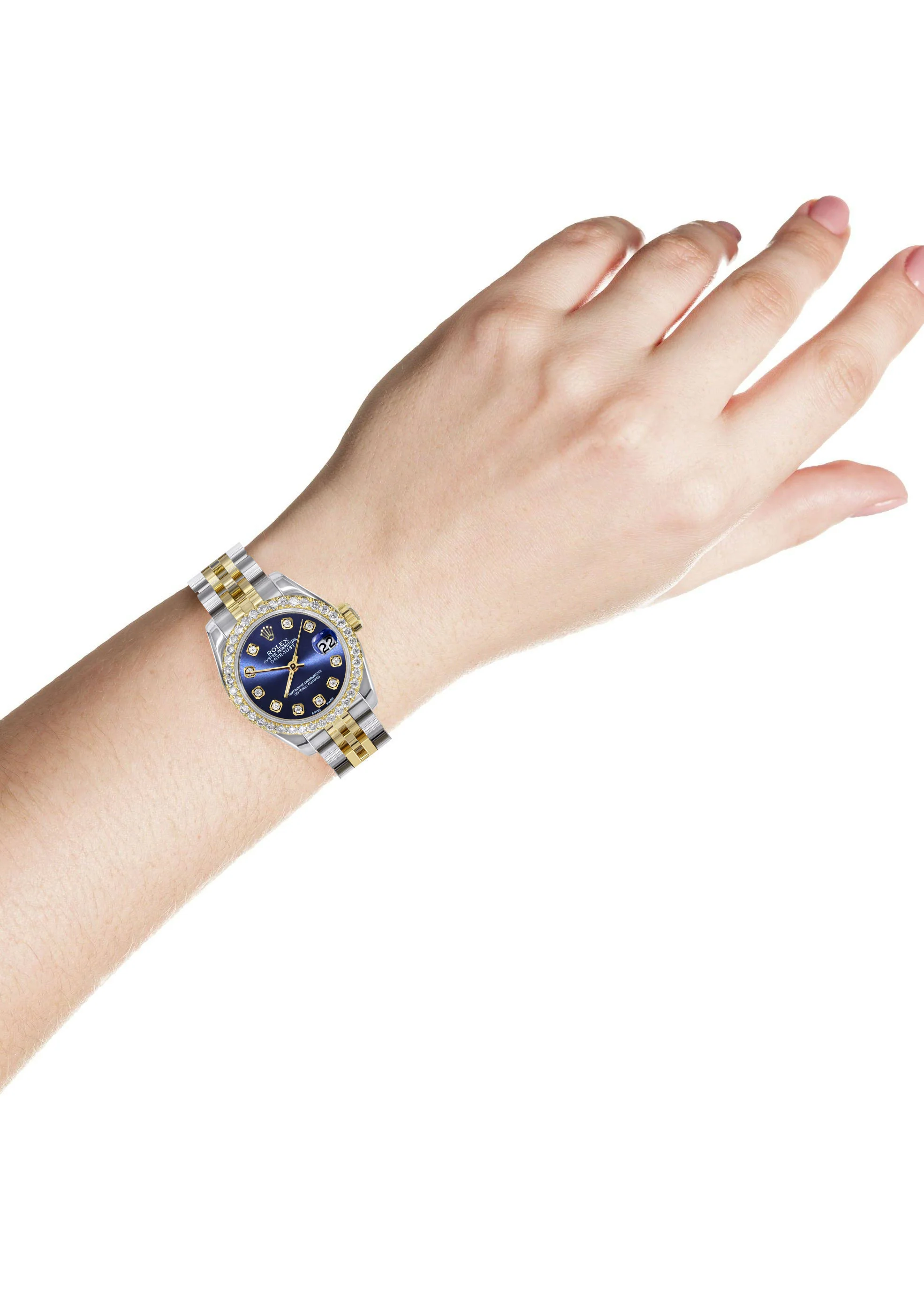 Womens Diamond Gold Hidden Clasp Rolex Watch | 1 Carat Bezel | 26Mm | Blue Dial | Jubilee Band | Model 179173 - Image 5
