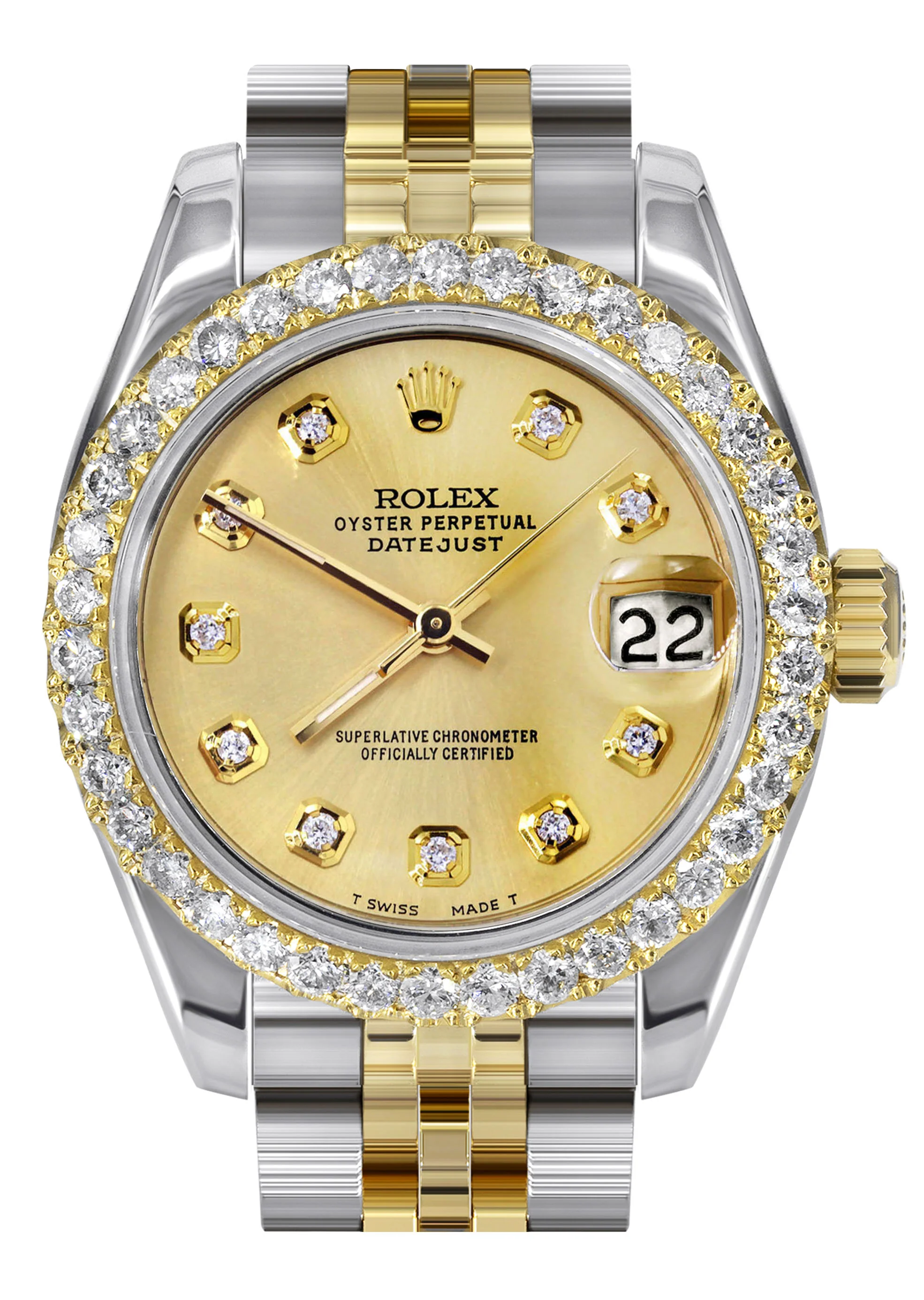 Womens Diamond Gold Hidden Clasp Rolex Watch | 1 Carat Bezel | 26Mm | Gold Dial | Jubilee Band | Model 179173