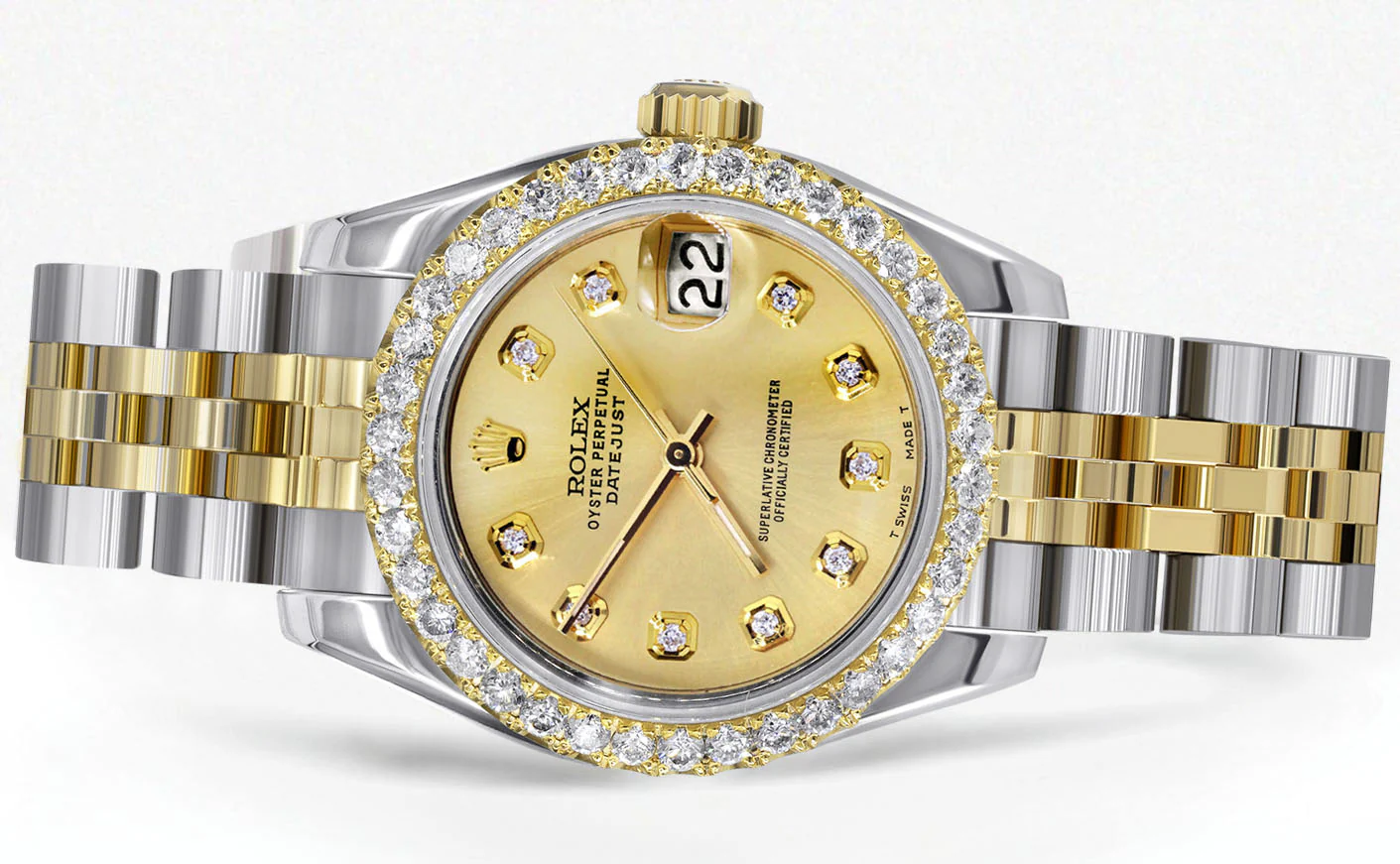 Womens Diamond Gold Hidden Clasp Rolex Watch | 1 Carat Bezel | 26Mm | Gold Dial | Jubilee Band | Model 179173 - Image 2