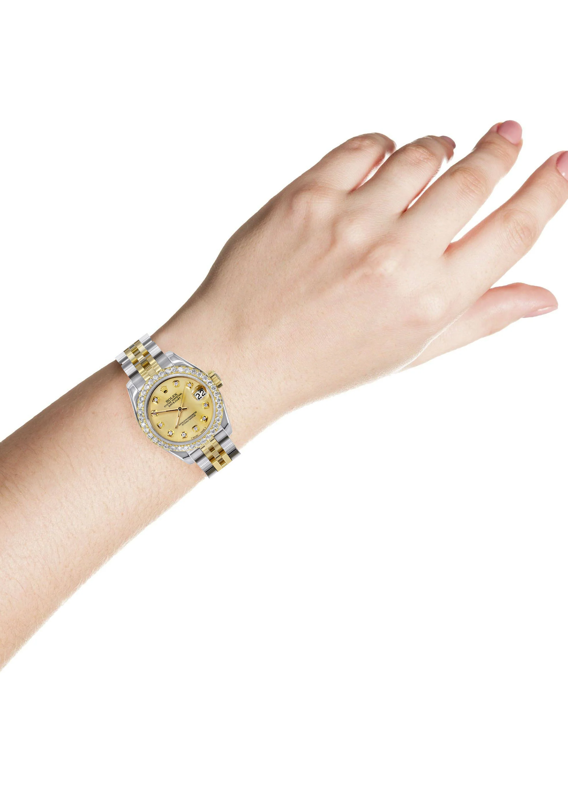 Womens Diamond Gold Hidden Clasp Rolex Watch | 1 Carat Bezel | 26Mm | Gold Dial | Jubilee Band | Model 179173 - Image 3