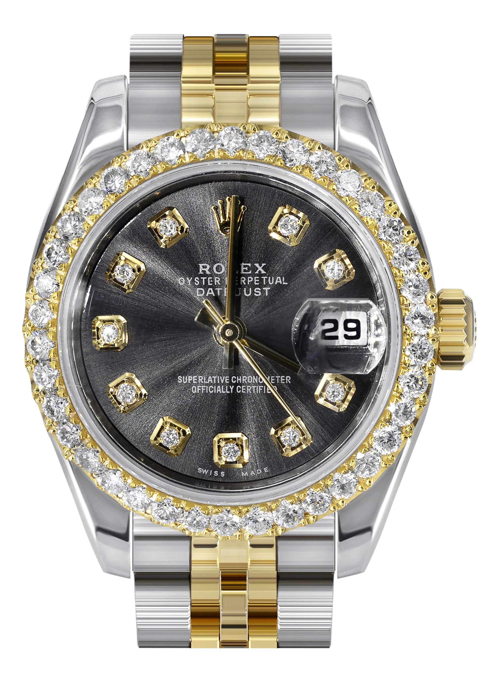 Womens Diamond Gold Hidden Clasp Rolex Watch | 1 Carat Bezel | 26Mm | Black Metallic Dial | Jubilee Band | Model 179173